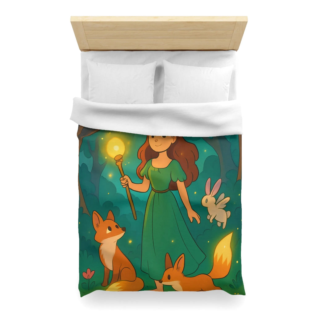 Housse de couette féerique avec fille et animaux en forêt enchantée, lumineuse et magique