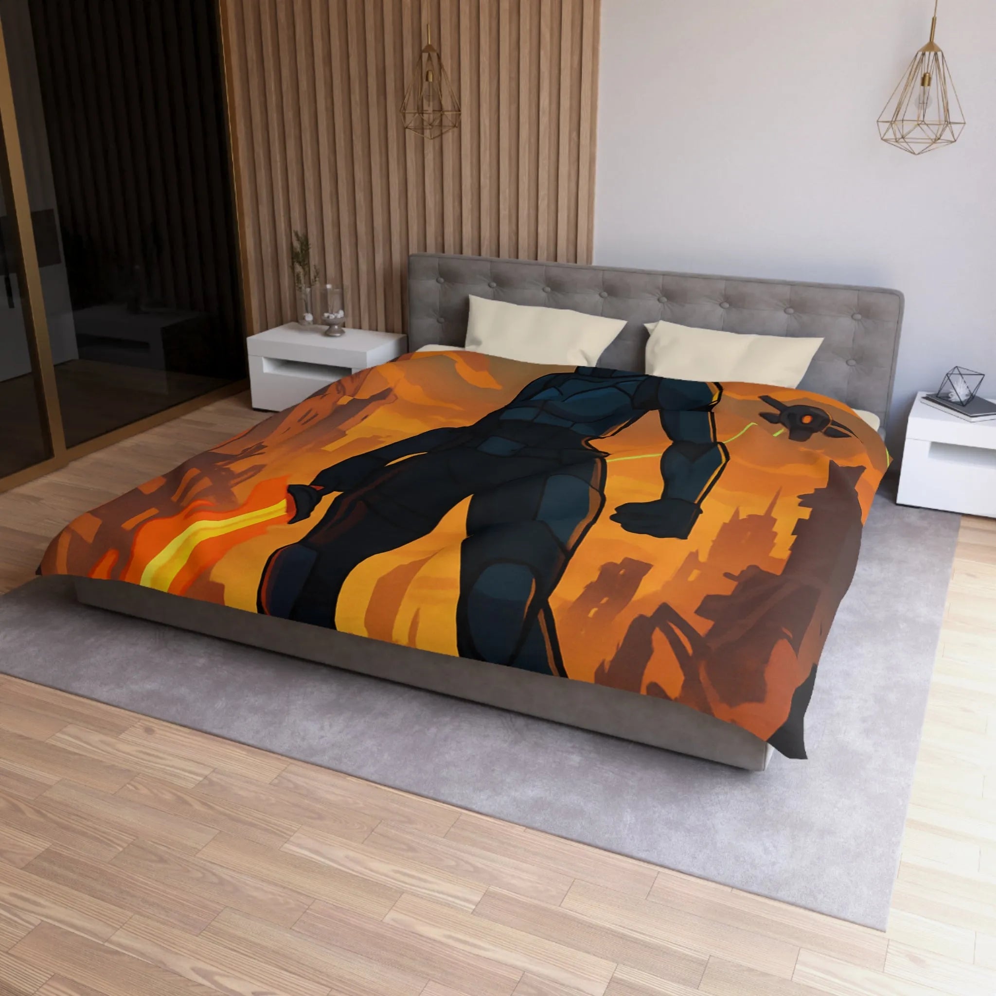 Housse de couette héroïque avec guerrier futuriste, drones volants et paysage apocalyptique