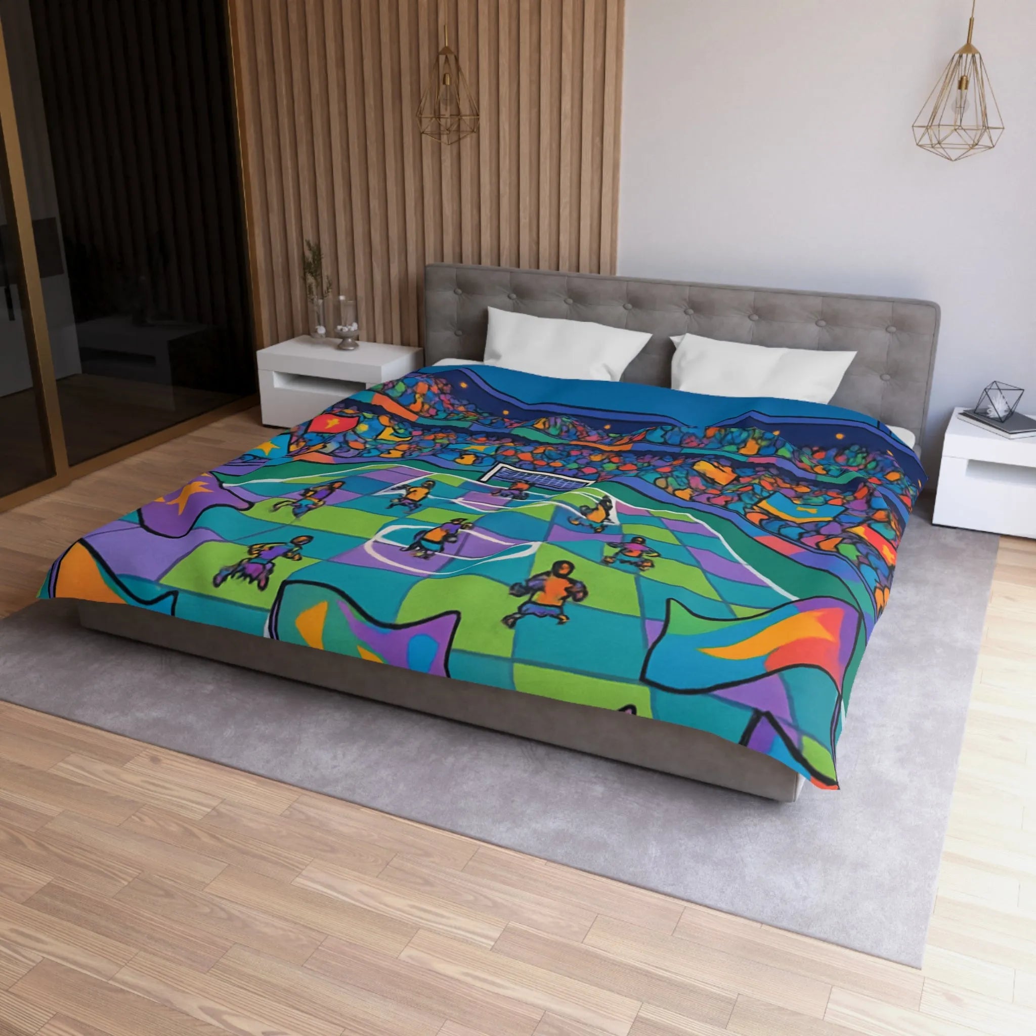 Housse de couette colorée avec motif de stade de football sous ciel étoilé