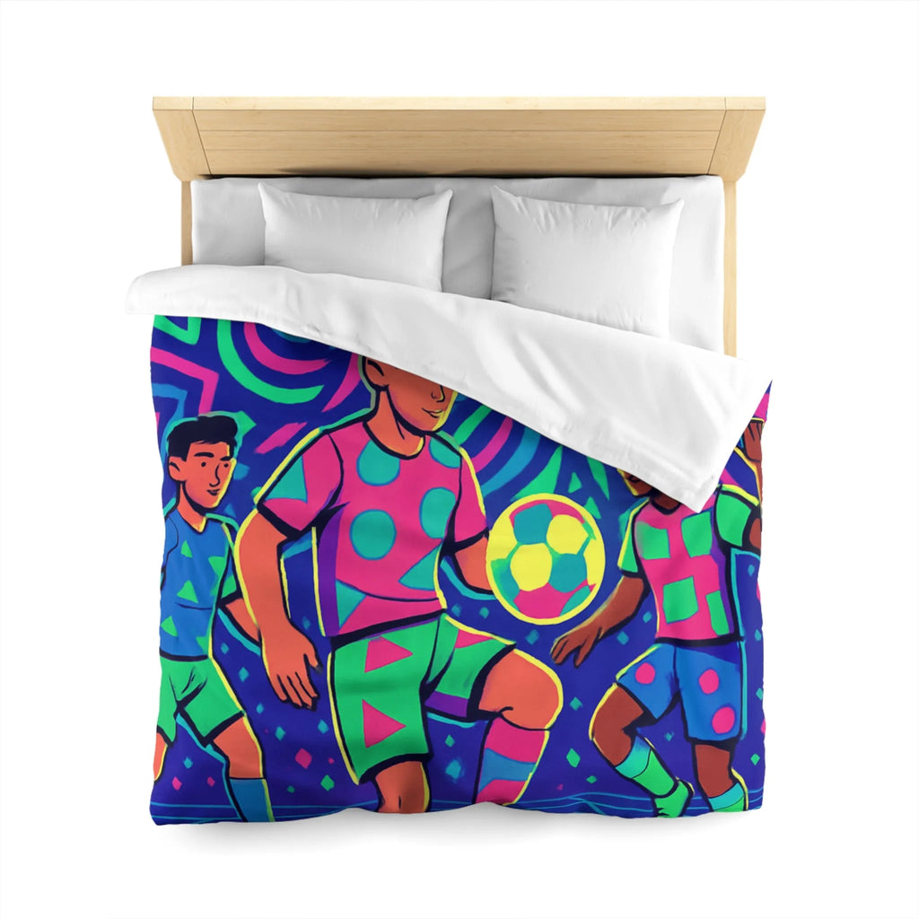 Housse de Couette Football Colorée avec Motifs Psychédéliques et Jeunes Joueurs en Action