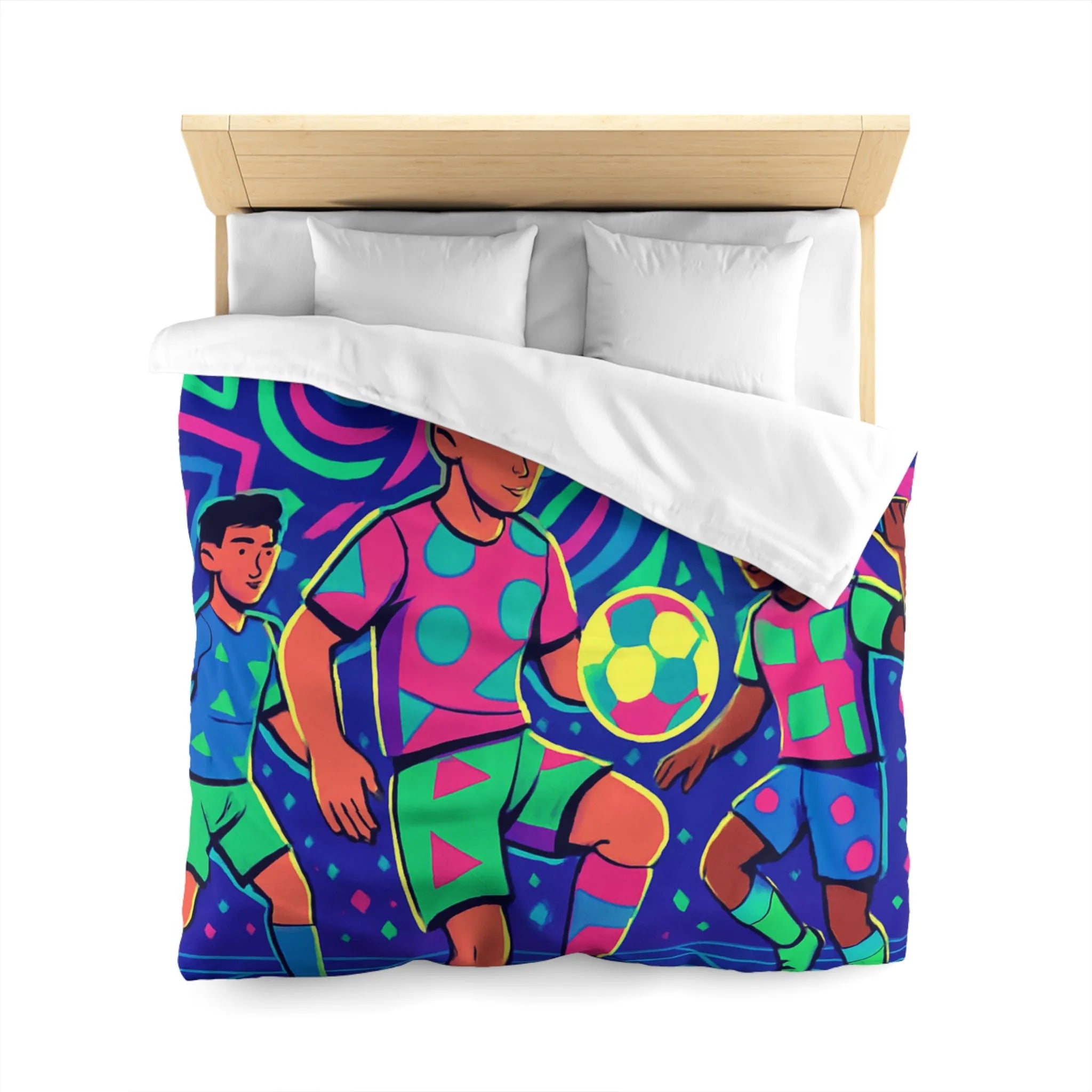 Housse de Couette Football Colorée avec Motifs Psychédéliques et Jeunes Joueurs en Action