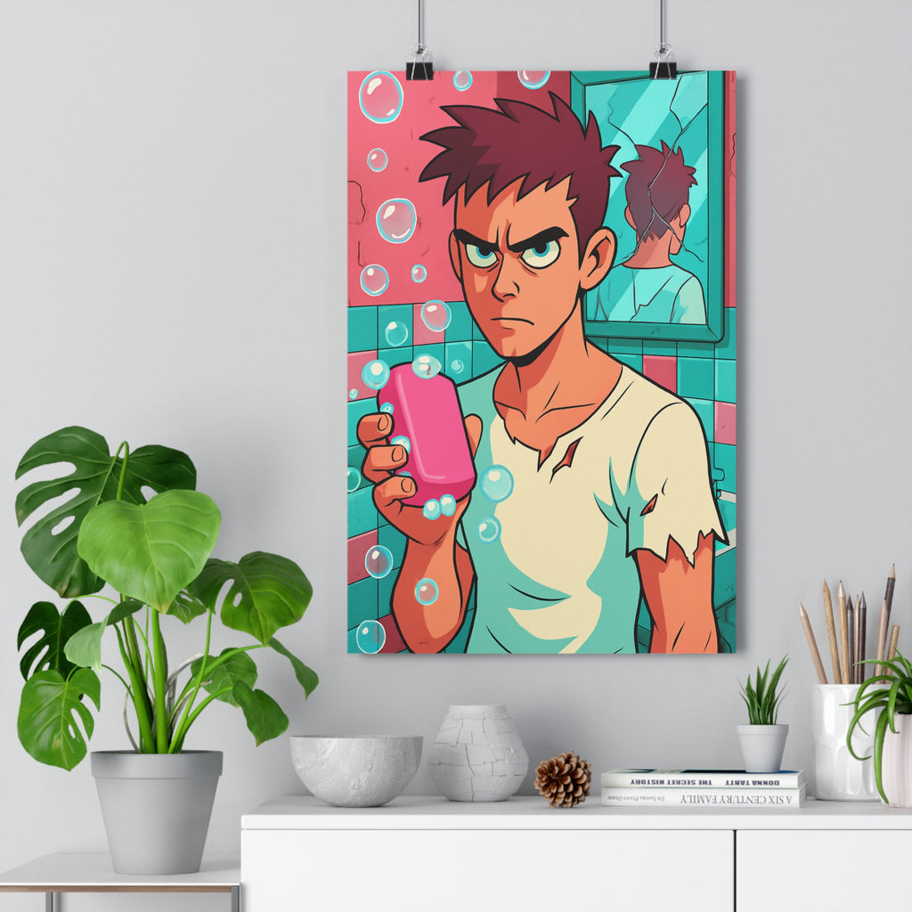 Poster décoratif cartoon rose vert salle bain ambiance ludique joyeux popart dynamique tendance mur