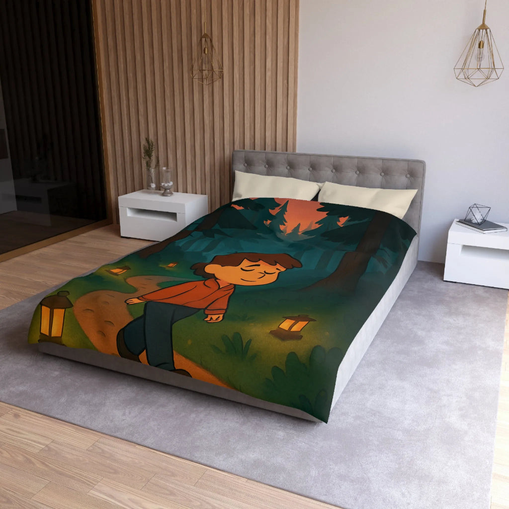 Housse de couette enfantine avec décor paisible de forêt au crépuscule pleine de lanternes