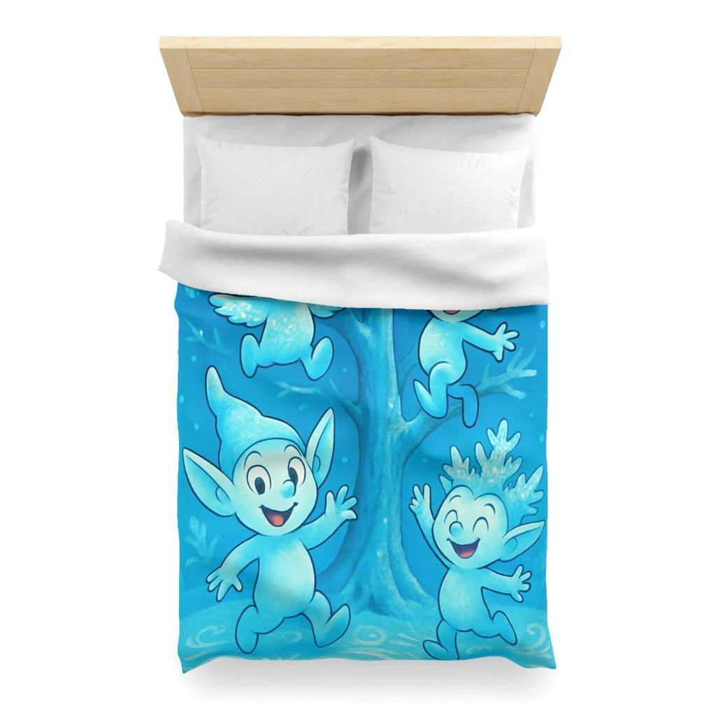 Housse de couette féerique avec lutins bleus dans forêt enchantée hivernale et magique
