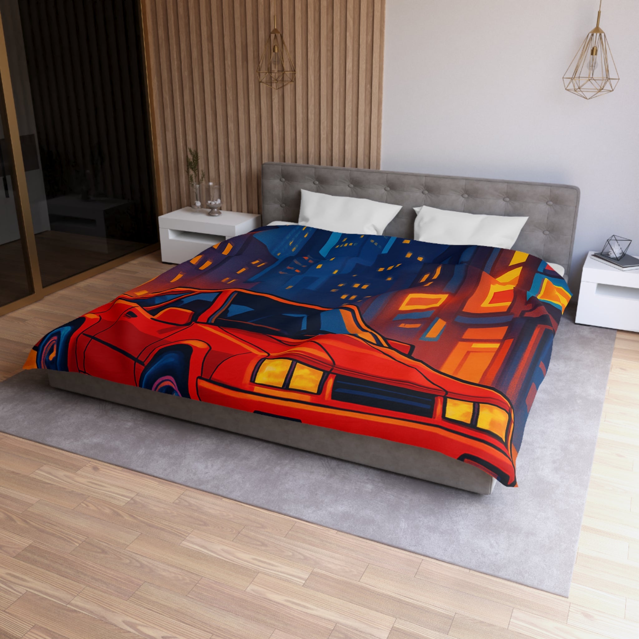 Housse de couette urbaine rétro avec voiture rouge lueur nocturne vibrante