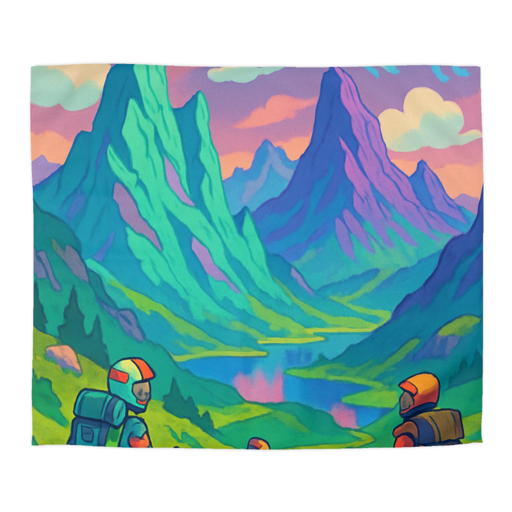 Housse de Couette Unique Montagne Randonneurs Fantaisie Animaux Nuages Enchantée Colorée