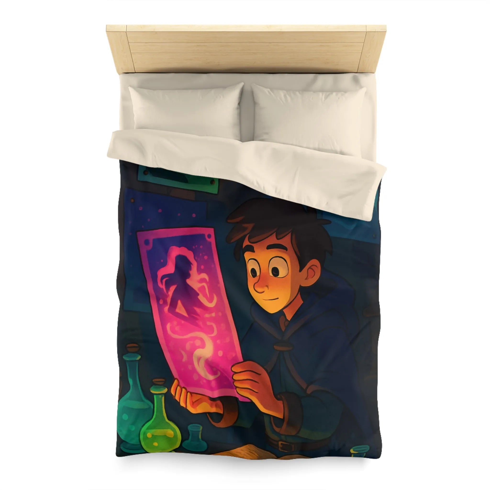 Enfant Magicien Lisant Papyrus Magique Avec Décor De Potions Et Affiches Mystiques