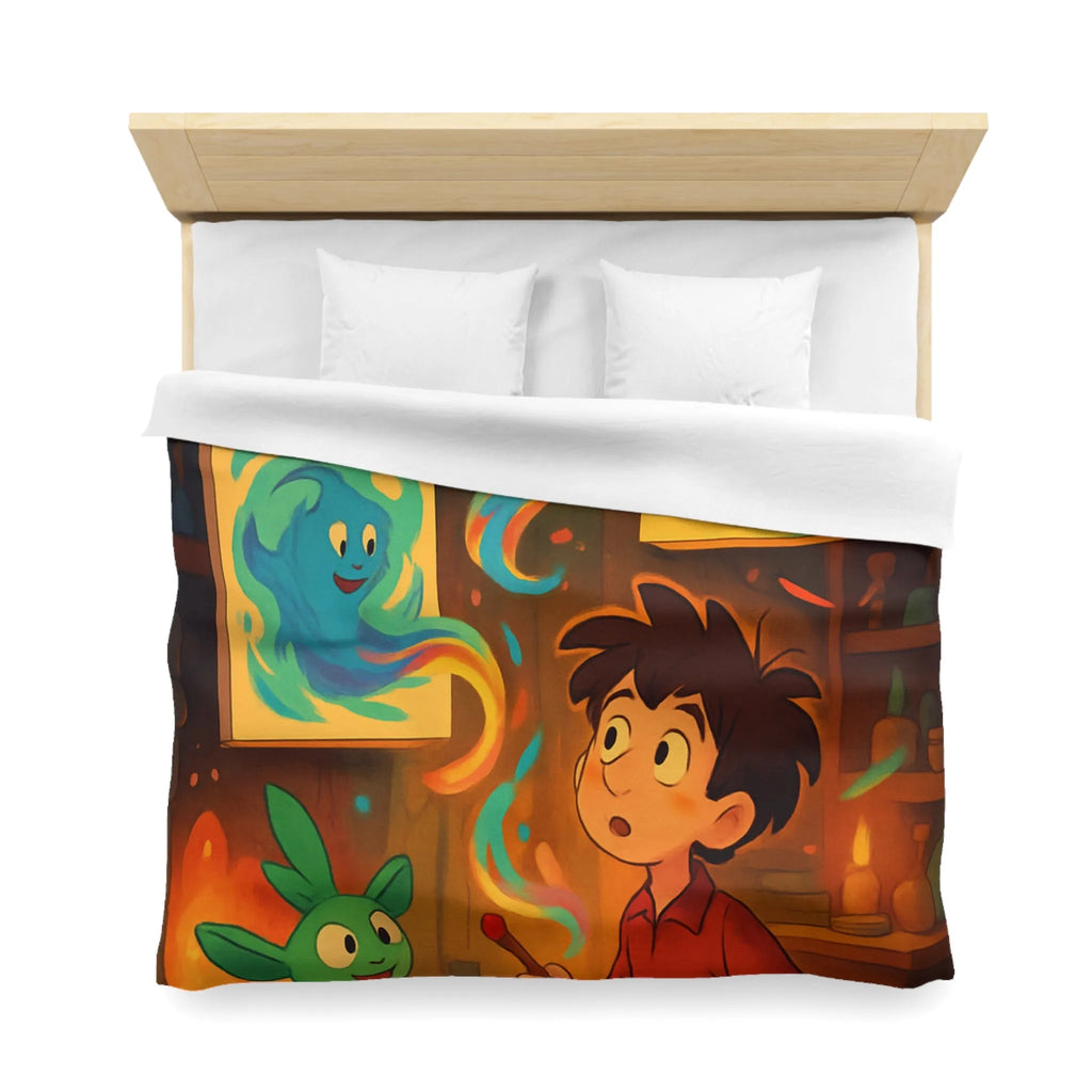 Housse de couette magique illustrant un artiste jeunesse avec créatures fantastiques et peintures lumineuses