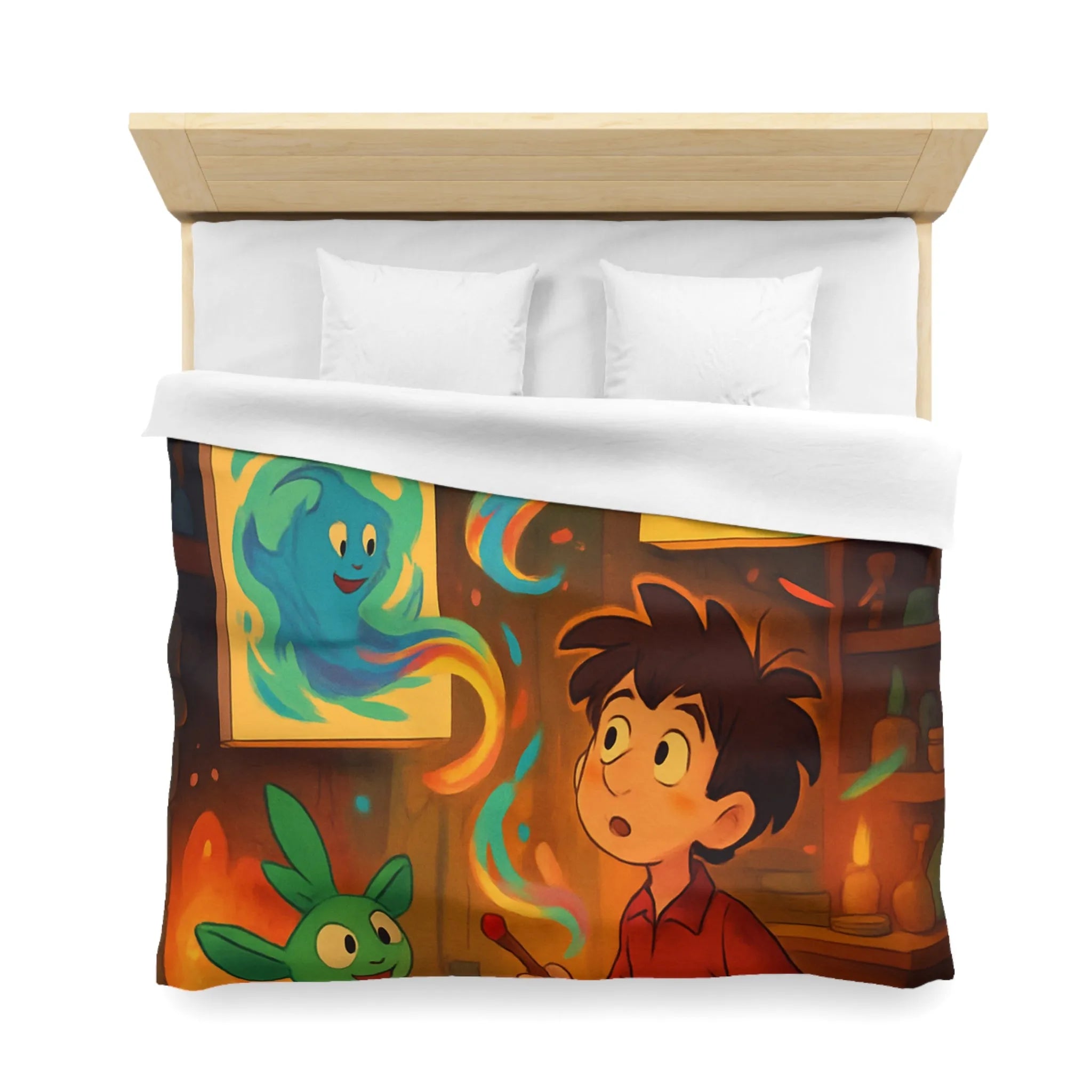 Housse de couette magique illustrant un artiste jeunesse avec créatures fantastiques et peintures lumineuses
