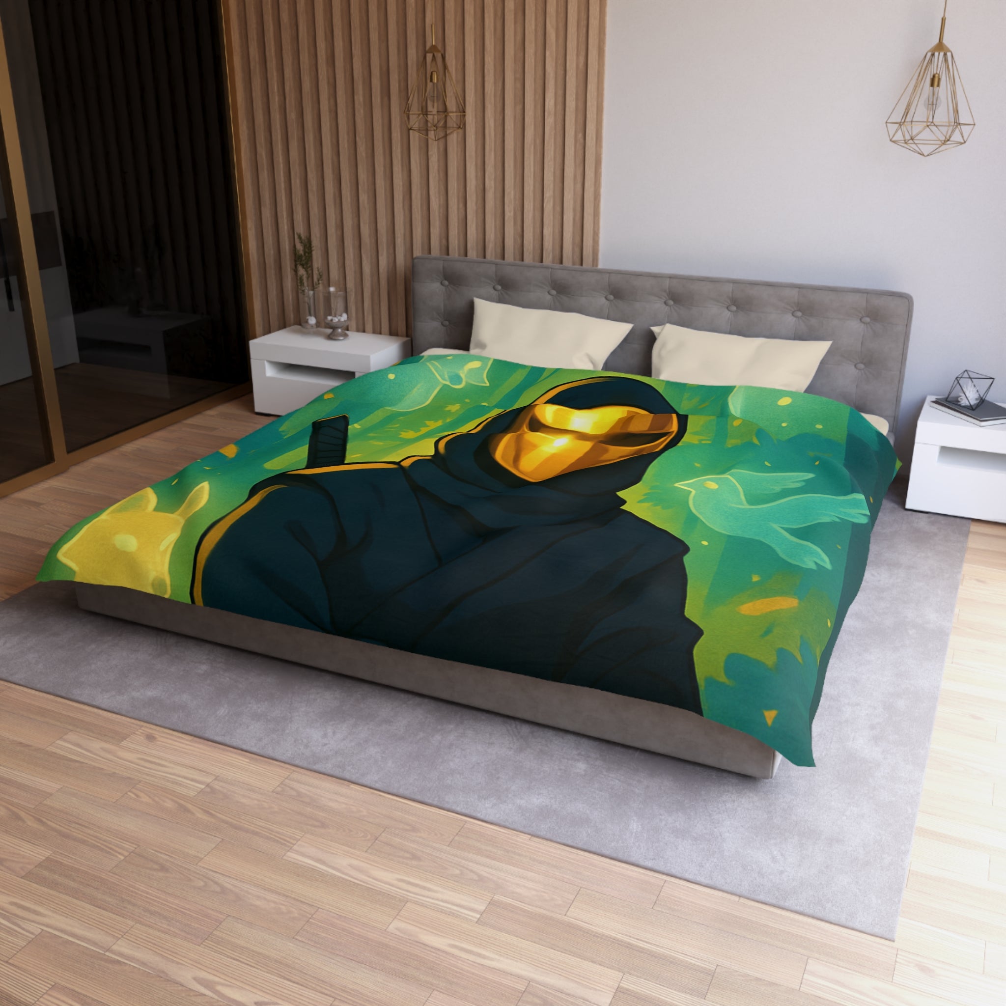 Housse de couette ninja doré avec animaux mystiques et forêts enchantées lumineuses