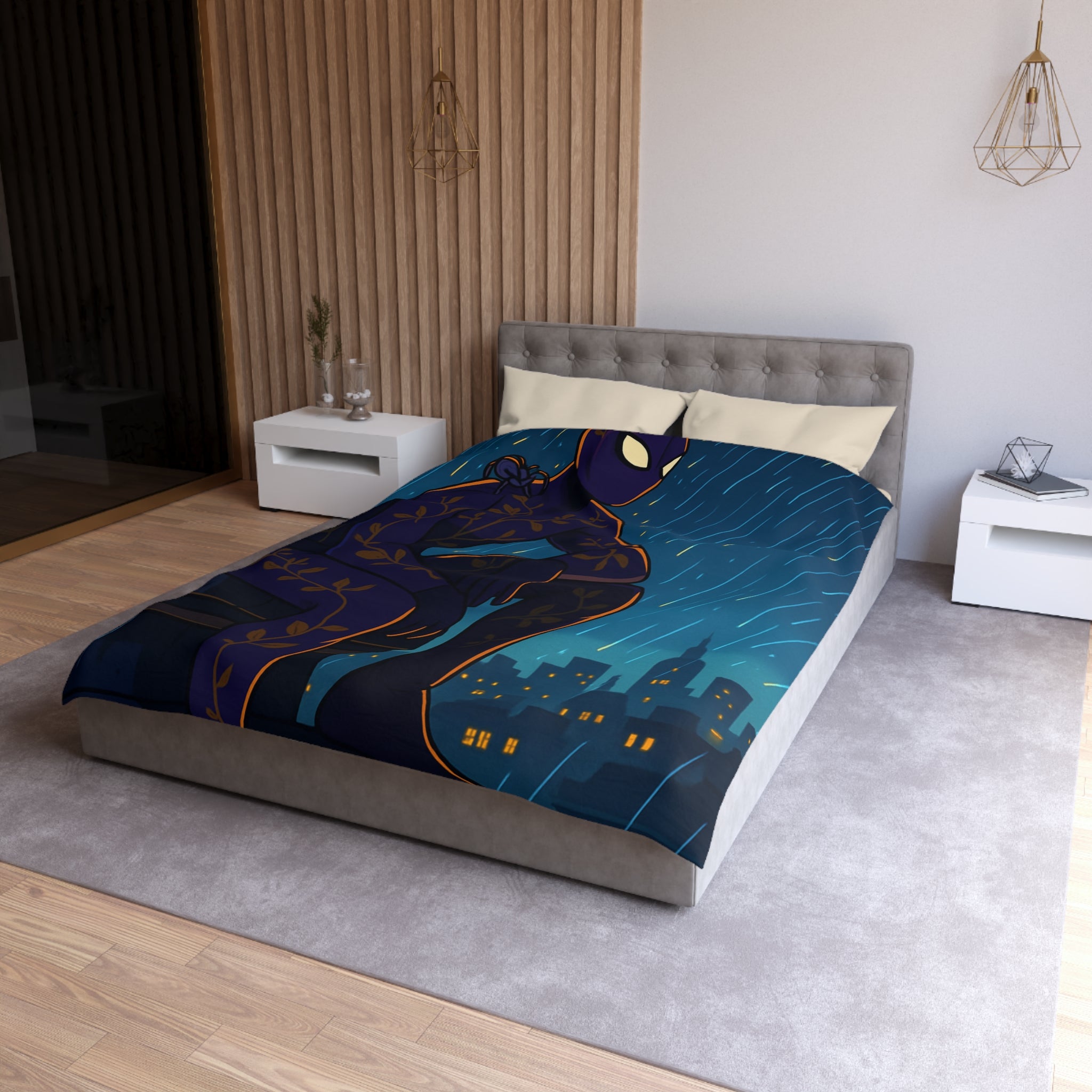 Housse de couette violette avec super-héros mystérieux sous la pluie nocturne colorée