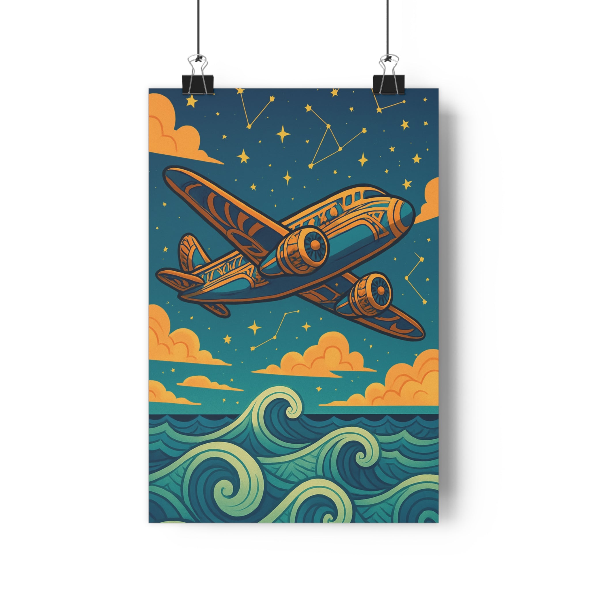 Poster décoratif art déco bleu orange avion nuages salon rêveur design méditerranéen moderne tendance