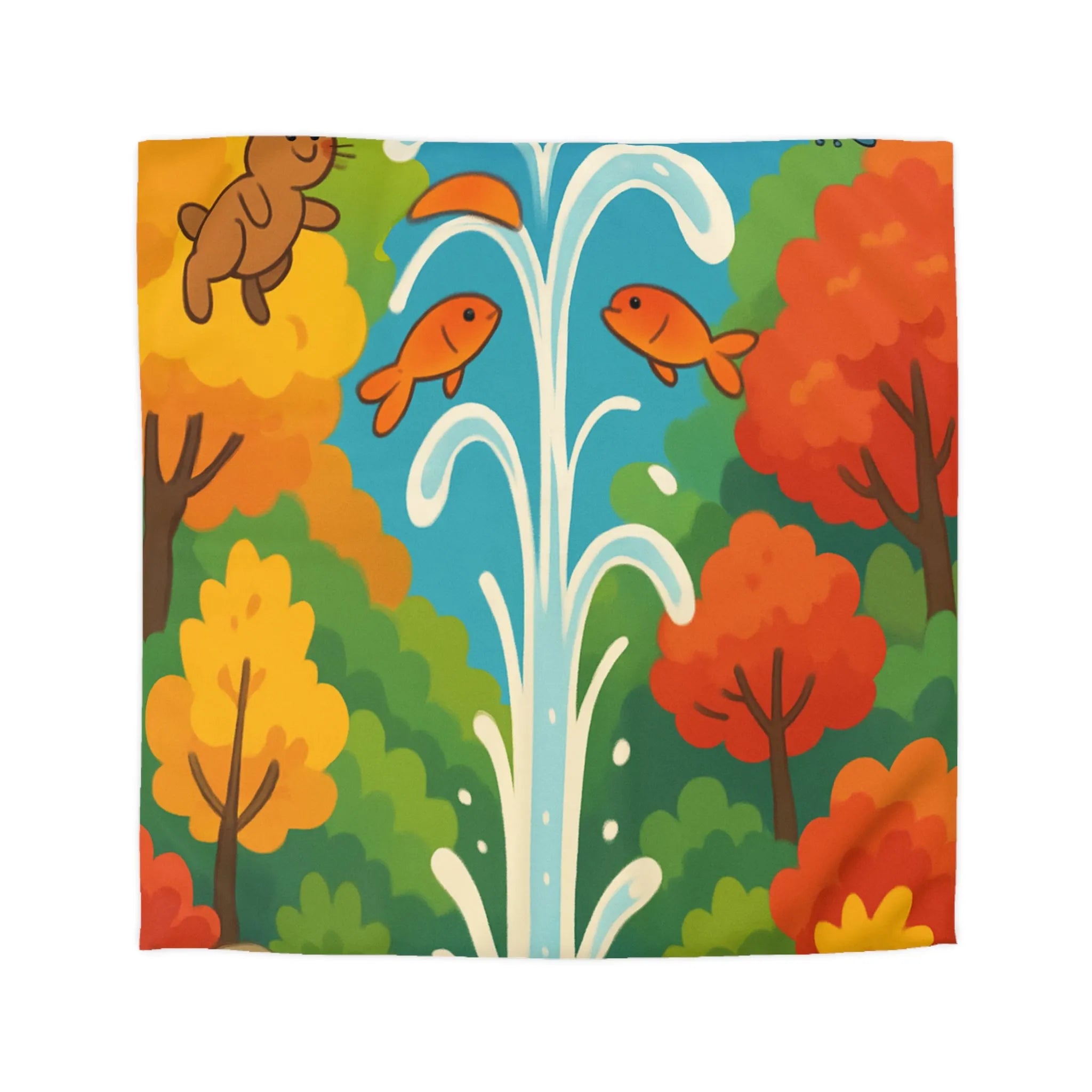 Housse de Couette Colorée avec Forêt Joyeuse et Animaux en Saut Cascade
