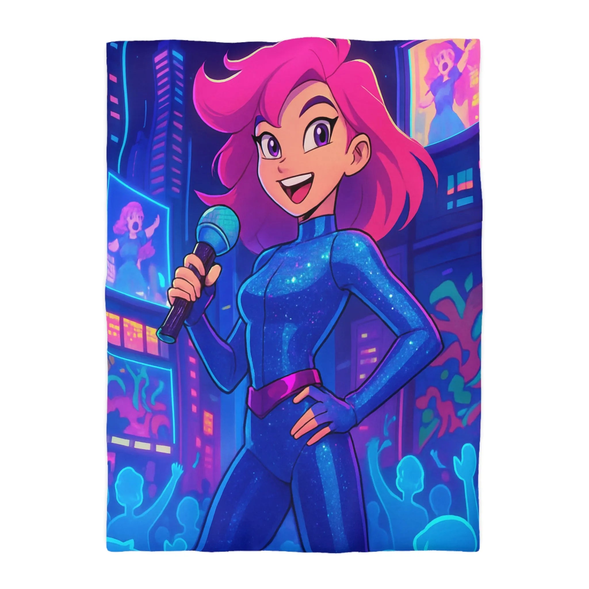 Housse de couette avec chanteuse animée en concert sur fond de ville illuminée