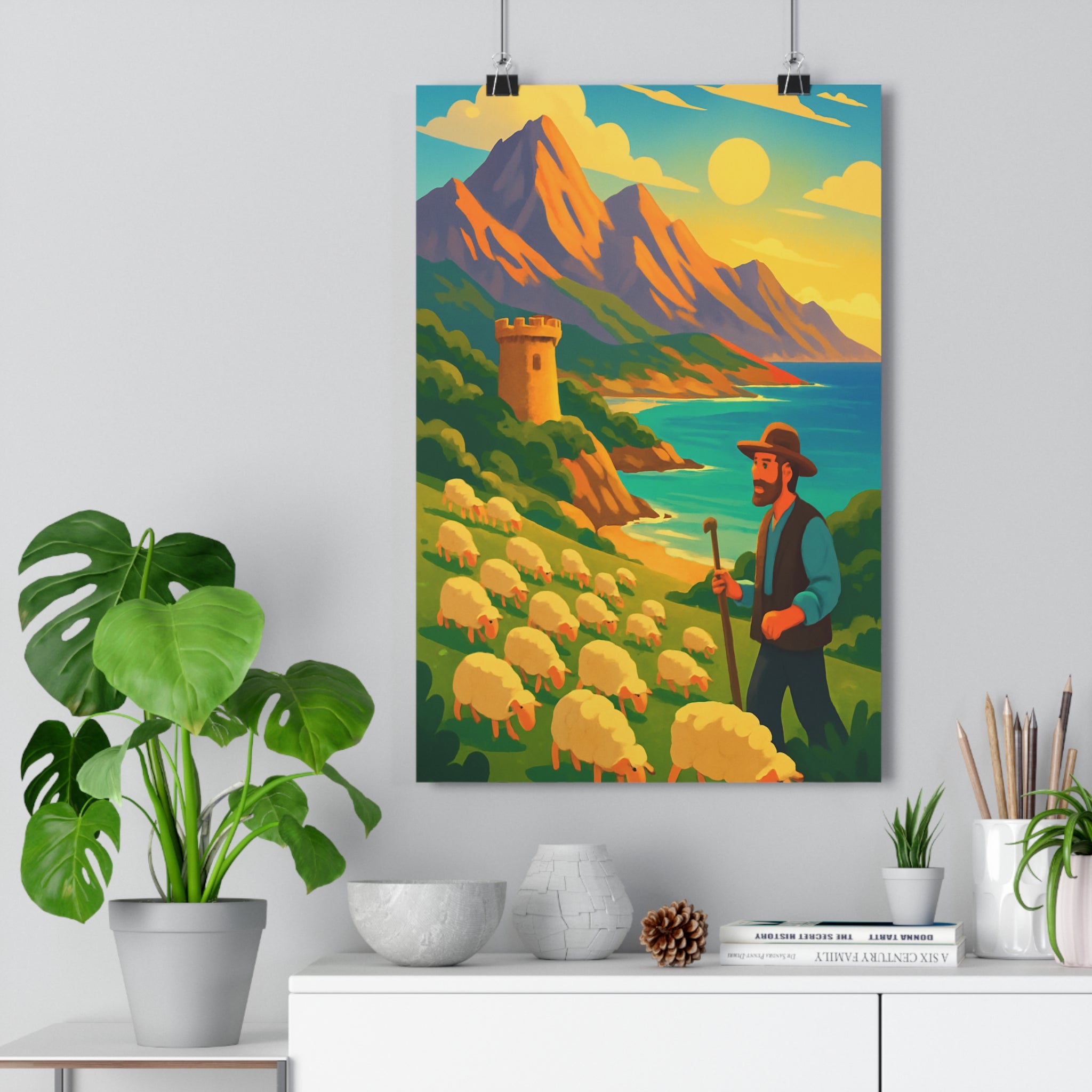 Poster décoratif cartoon corse berger moutons montagnes mer bleu lumineux paisible salon chambre bureau