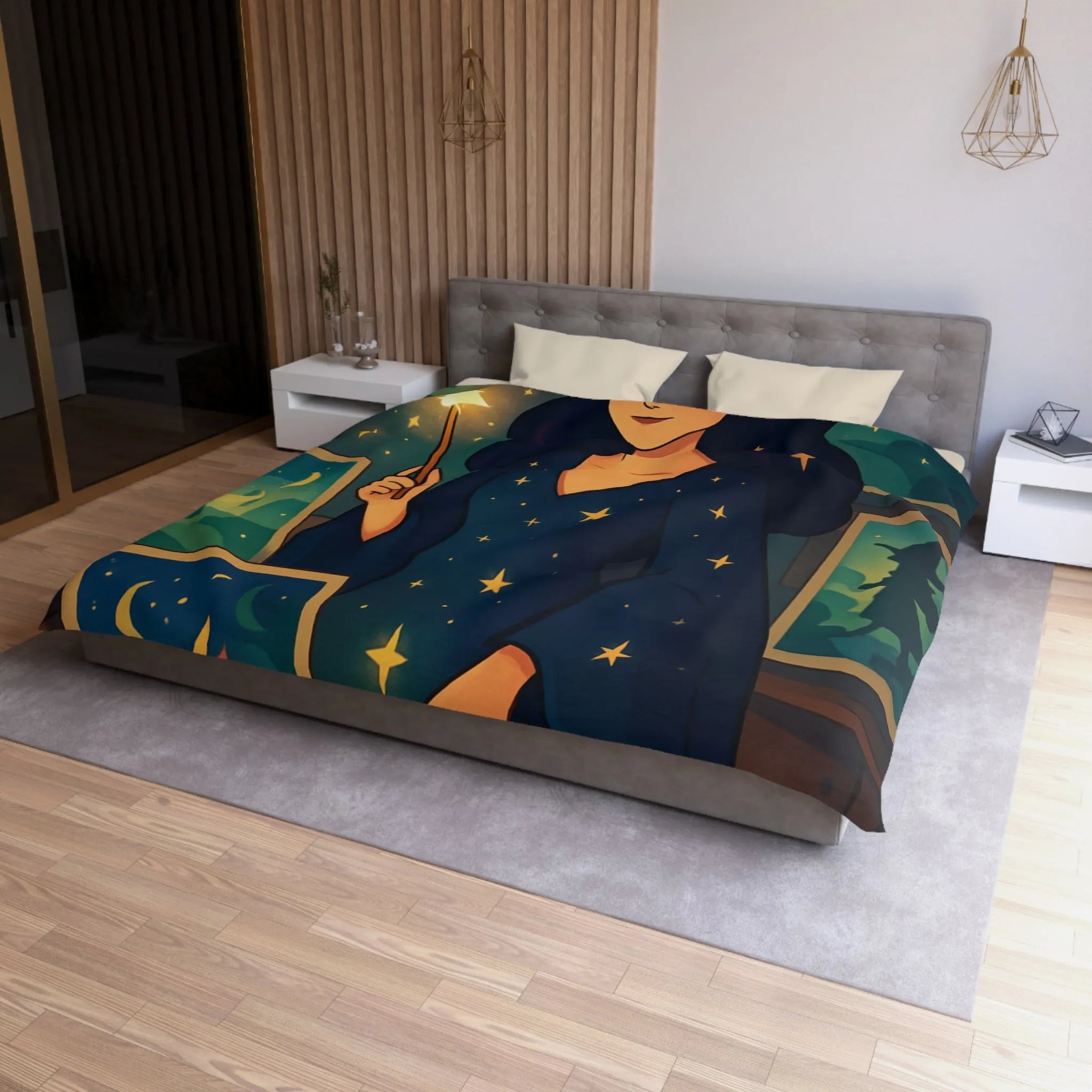 Housse de couette magique avec motif étoilé et créatures fantastiques pour chambre féérique