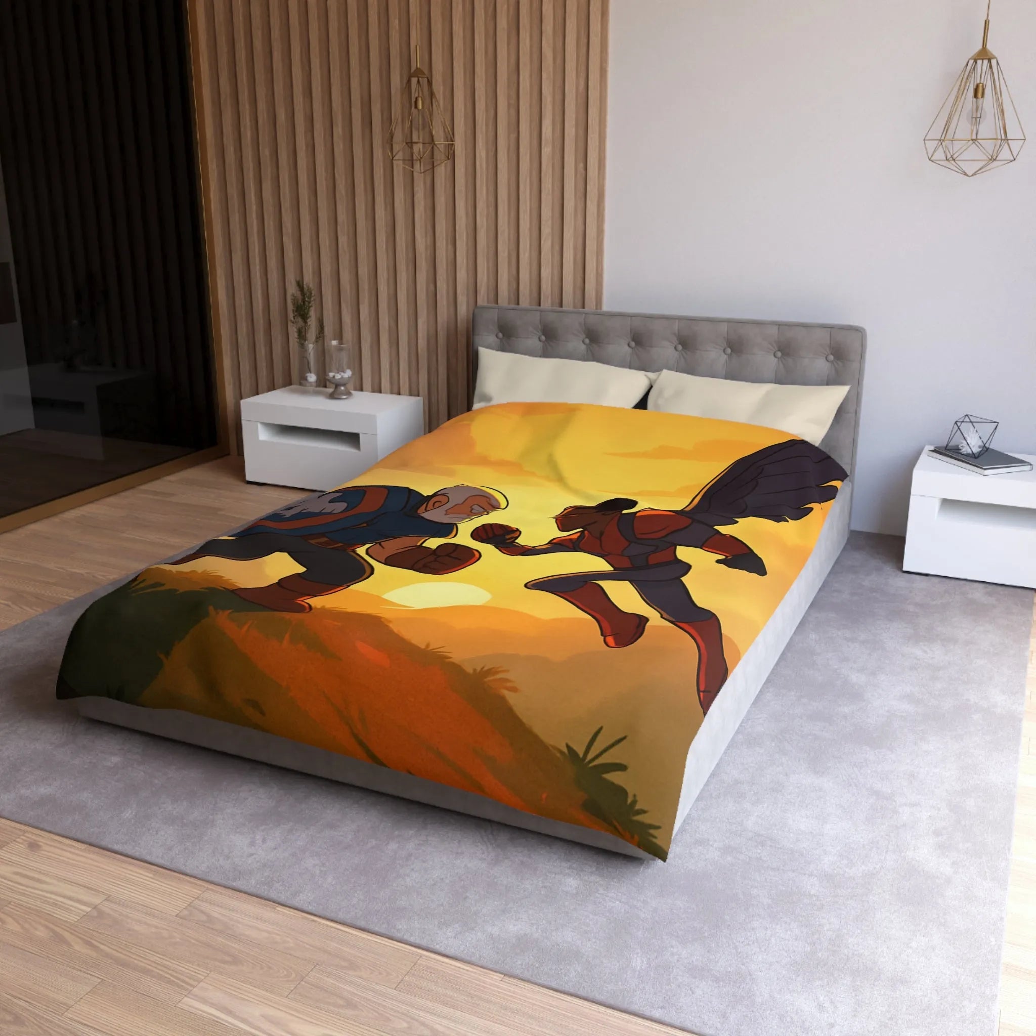 Housse de couette épique avec scène de combat héroïque au coucher du soleil