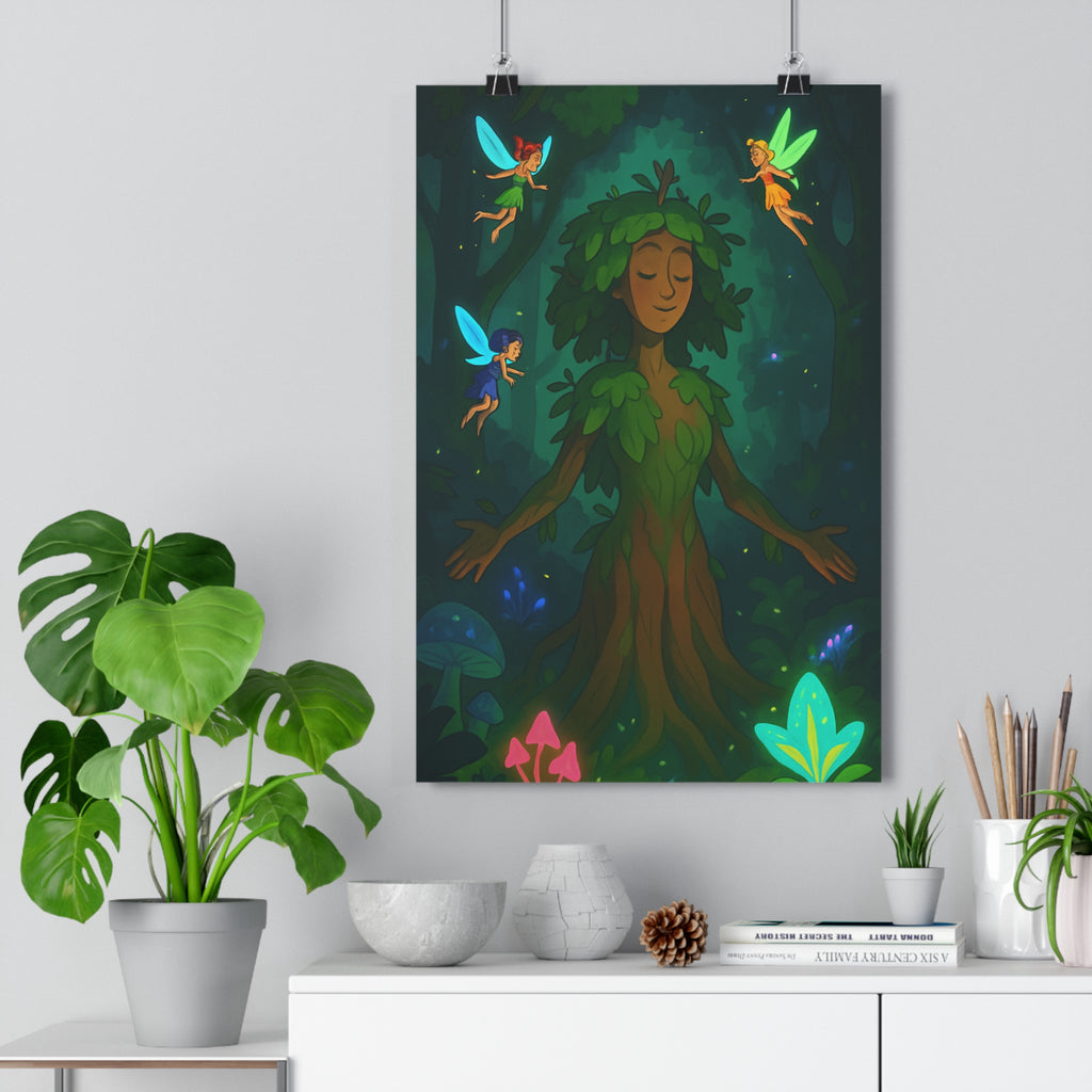 Poster décoratif féerique vert mystique cartoon forêt magique chambre enfant nature enchantée fées luminescentes