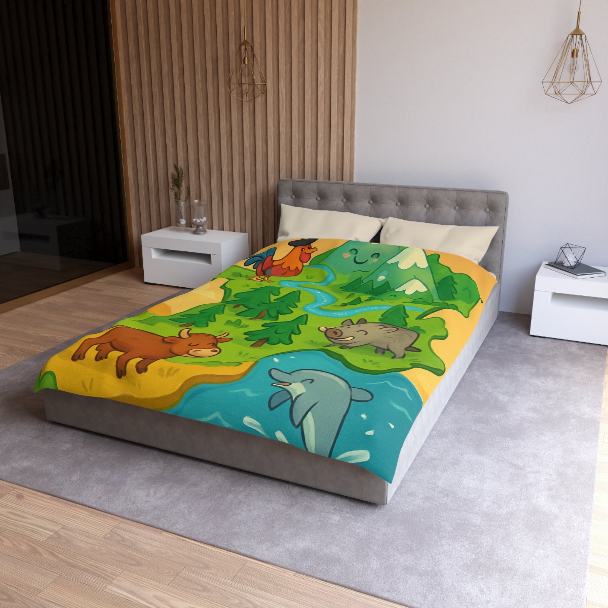 Housse de couette pour enfant avec animaux et paysage de France ludique et coloré