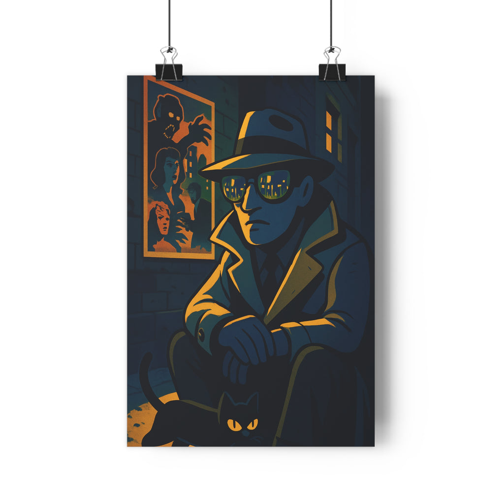 Poster décoratif contemporain film noir cartoon sombre bleu jaune mystère salon bureau ambiance intrigante