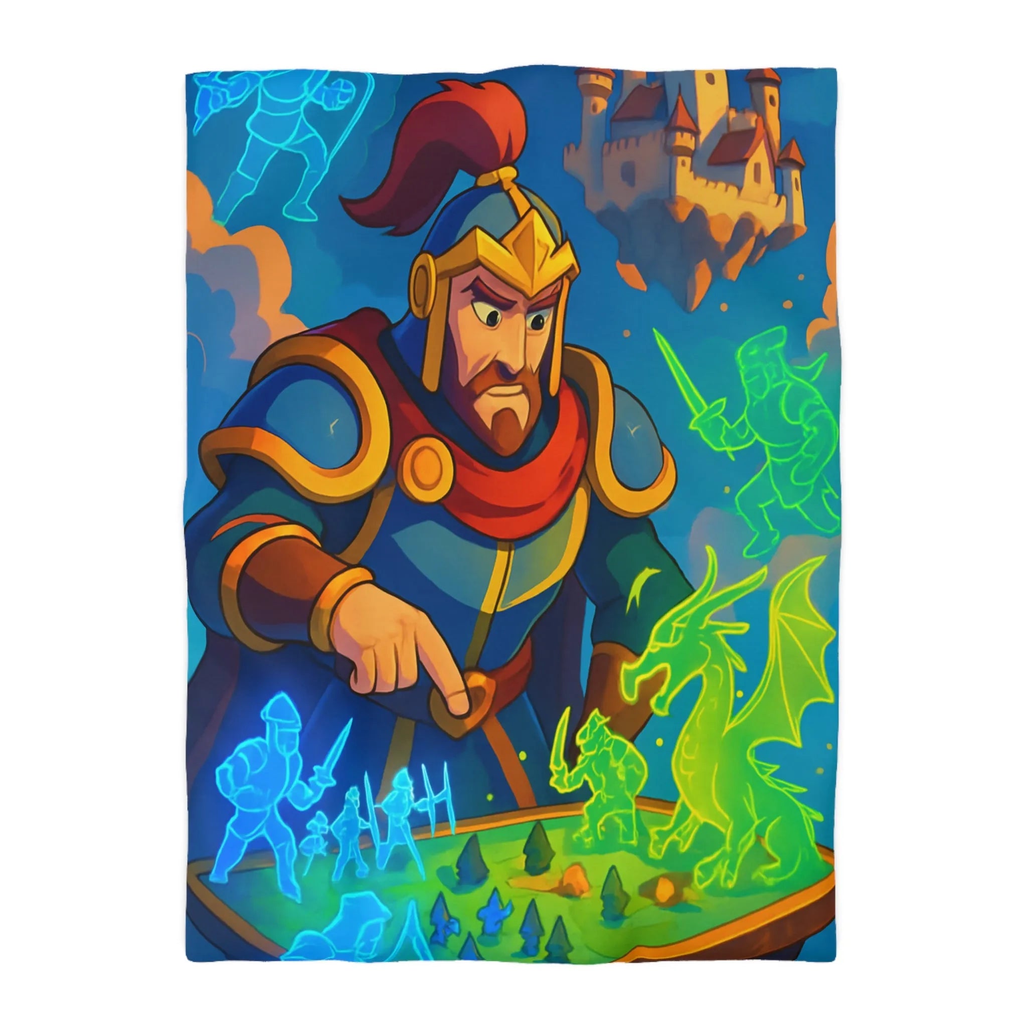 Housse de couette épique guerriers médiévaux et dragon sur plateau de jeu fantastique