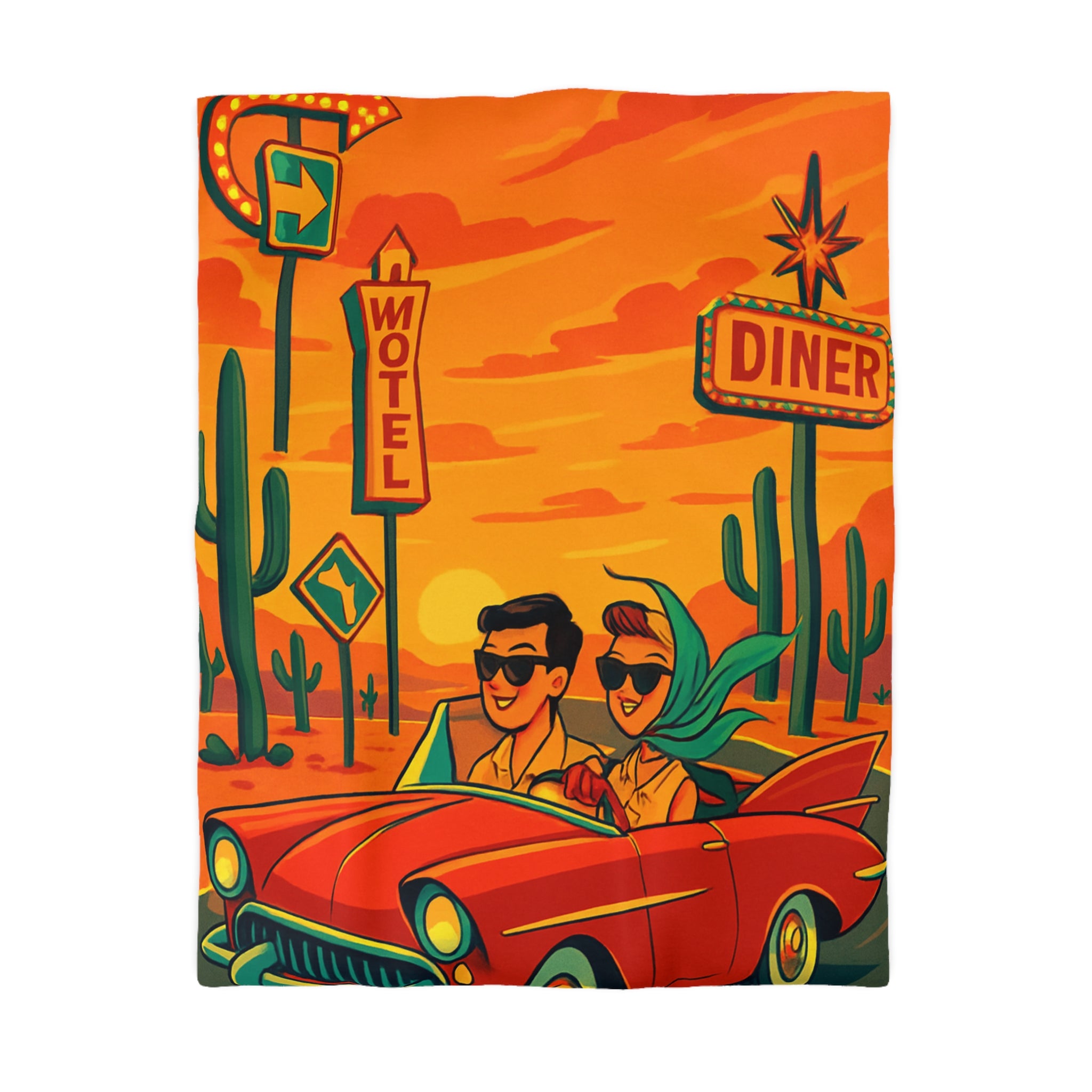 Housse de couette vintage rétro avec voiture rouge et paysages désertiques colorés