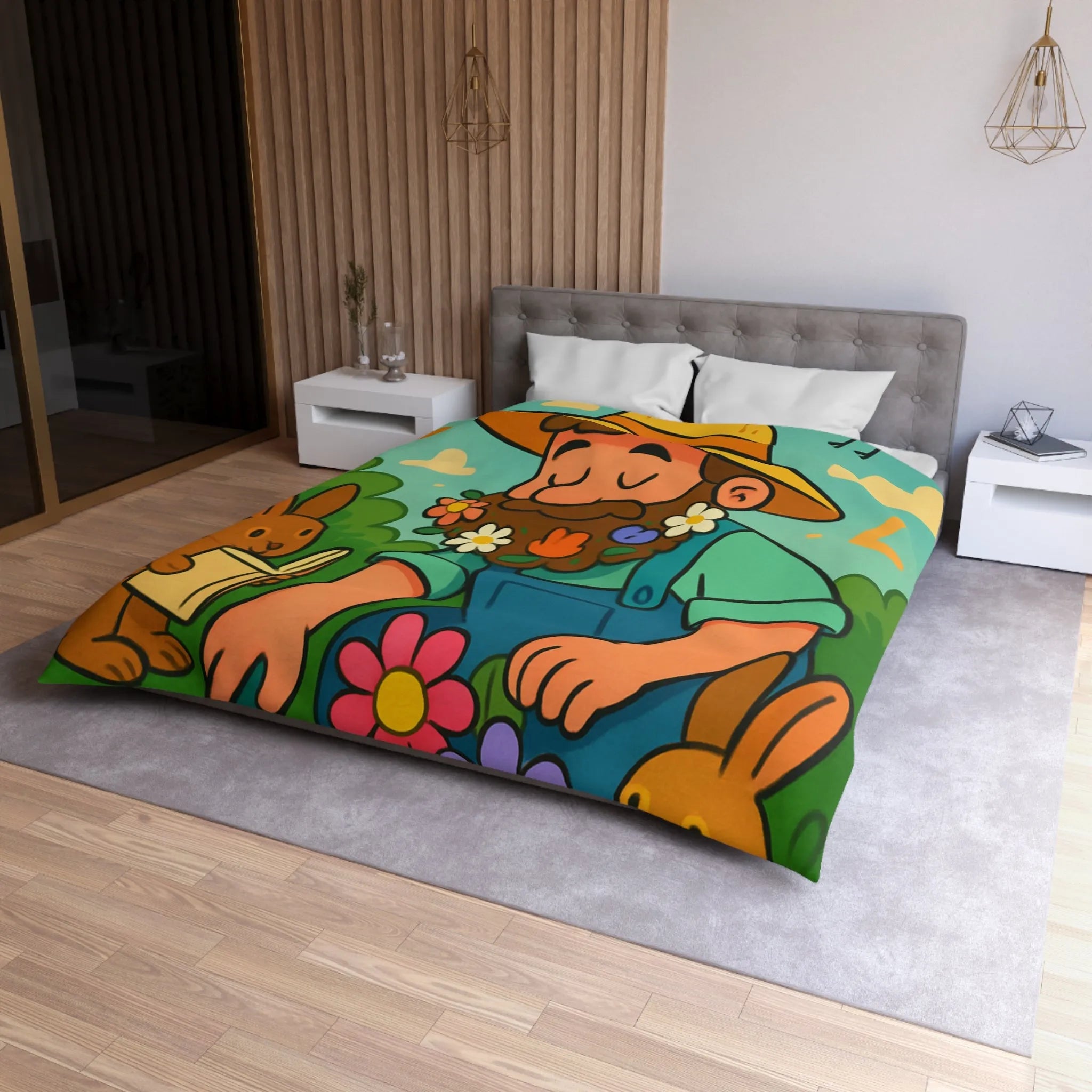 Housse de couette jardin enchanté avec fleurs, lapins et oiseaux colorés pour enfants