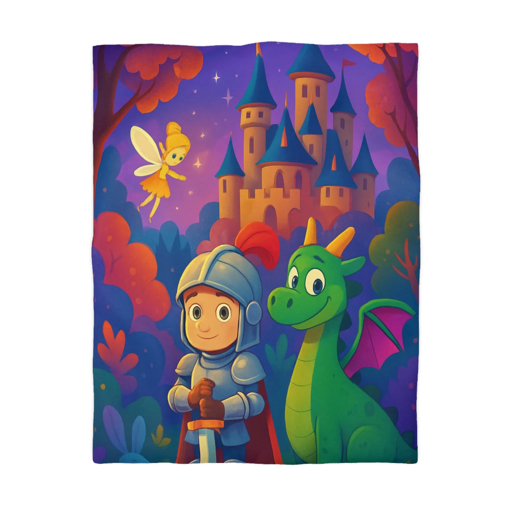 Housse de couette enfants, chevalier et dragon dans forêt enchantée avec fée et château