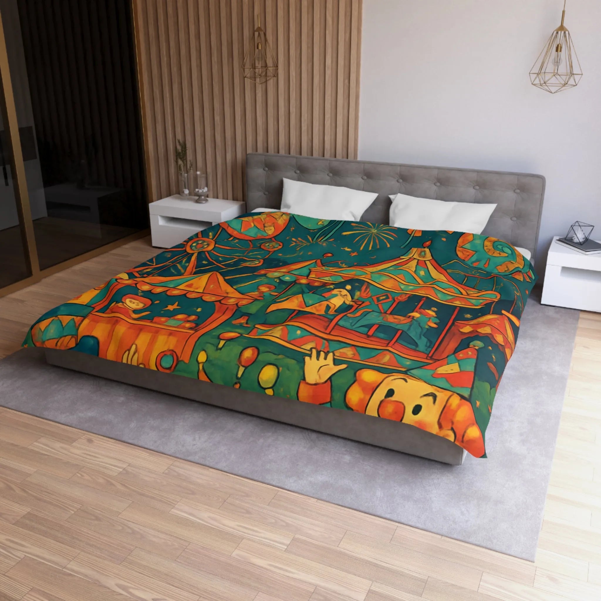 Housse de Couette Enfantine Colorée Fête Foraine avec Manège et Clowns Heureux