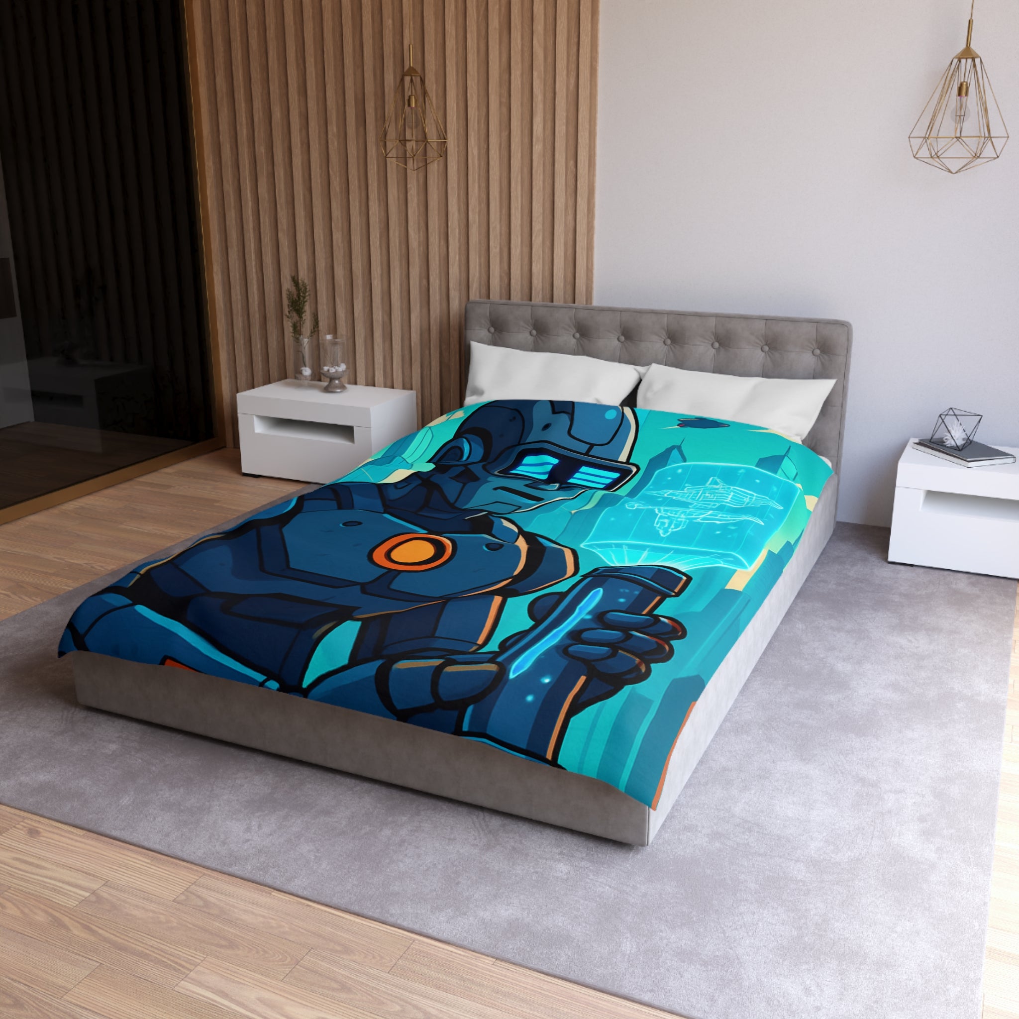 Housse de Couette Thème Robotique Futuriste avec Paysage Urbain et Drones Volants