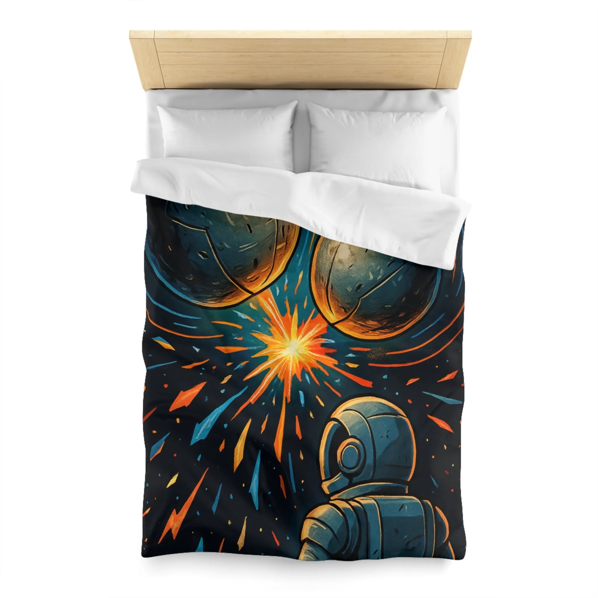 Décorative housse de couette espace cosmique avec astronaute et sphères lumineuses métalliques