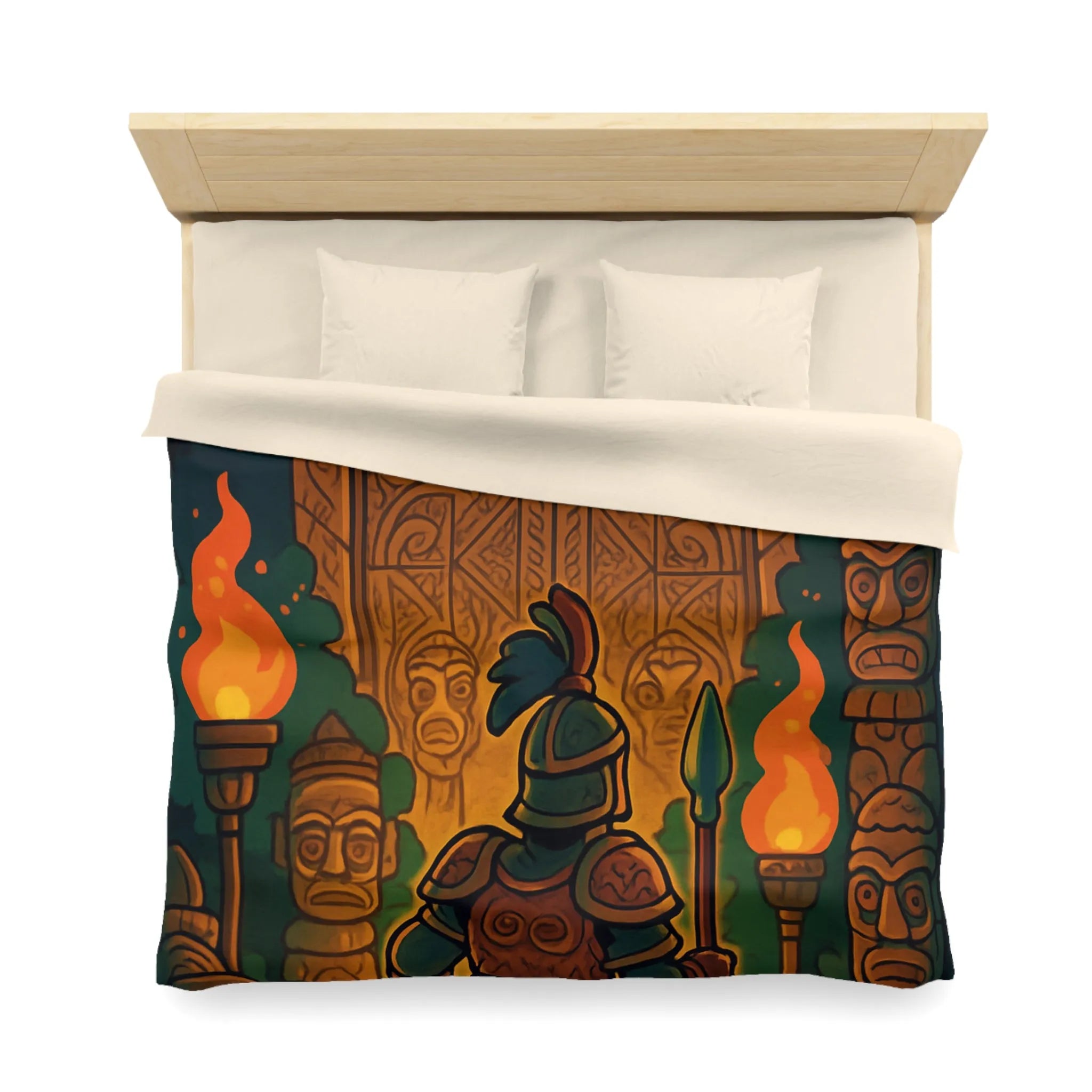 Housse de couette guerrier devant porte mystique avec torches et statues anciennes