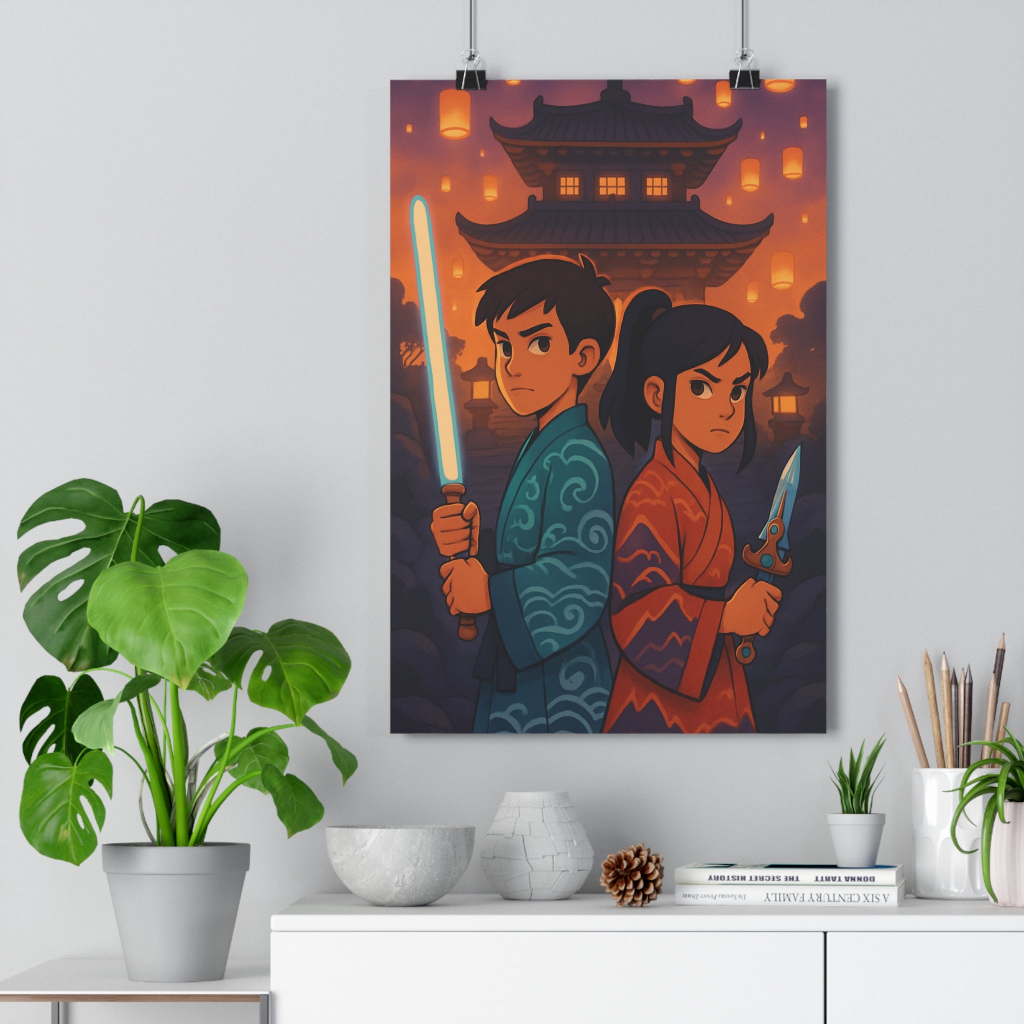 Poster décoratif mystique asiatique vibrant rouge orange lanternes kimono armes salon chambre 30x46 ambiance