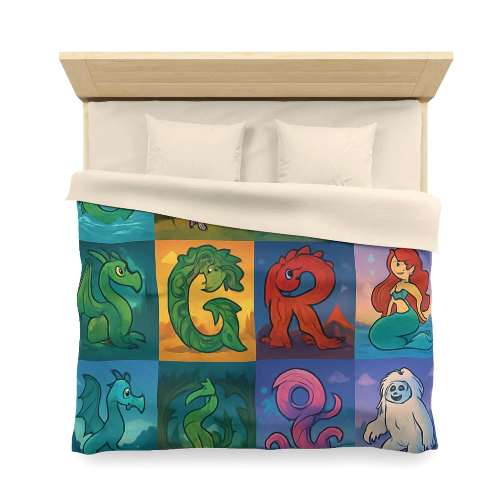 Housse de couette enchantée avec lettres magiques et créatures mythiques colorées