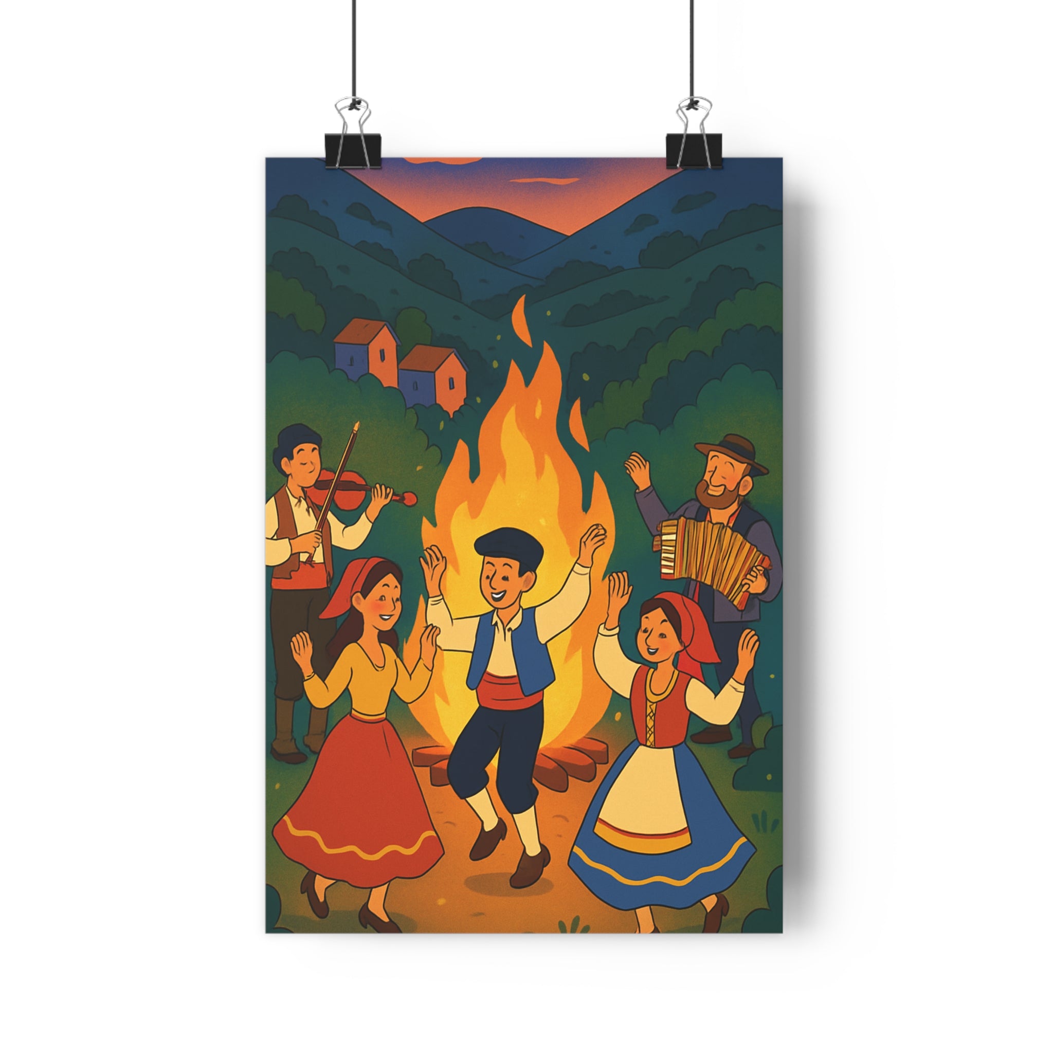 Poster décoratif cartoon jaune orange joyeux salon chambre convivial feu camp musique danse qualité