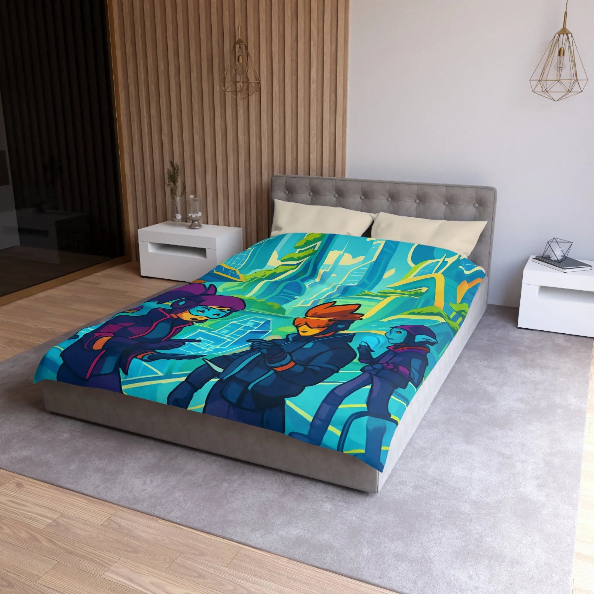 Housse de couette futuriste avec design coloré et thème urbain science-fiction moderne