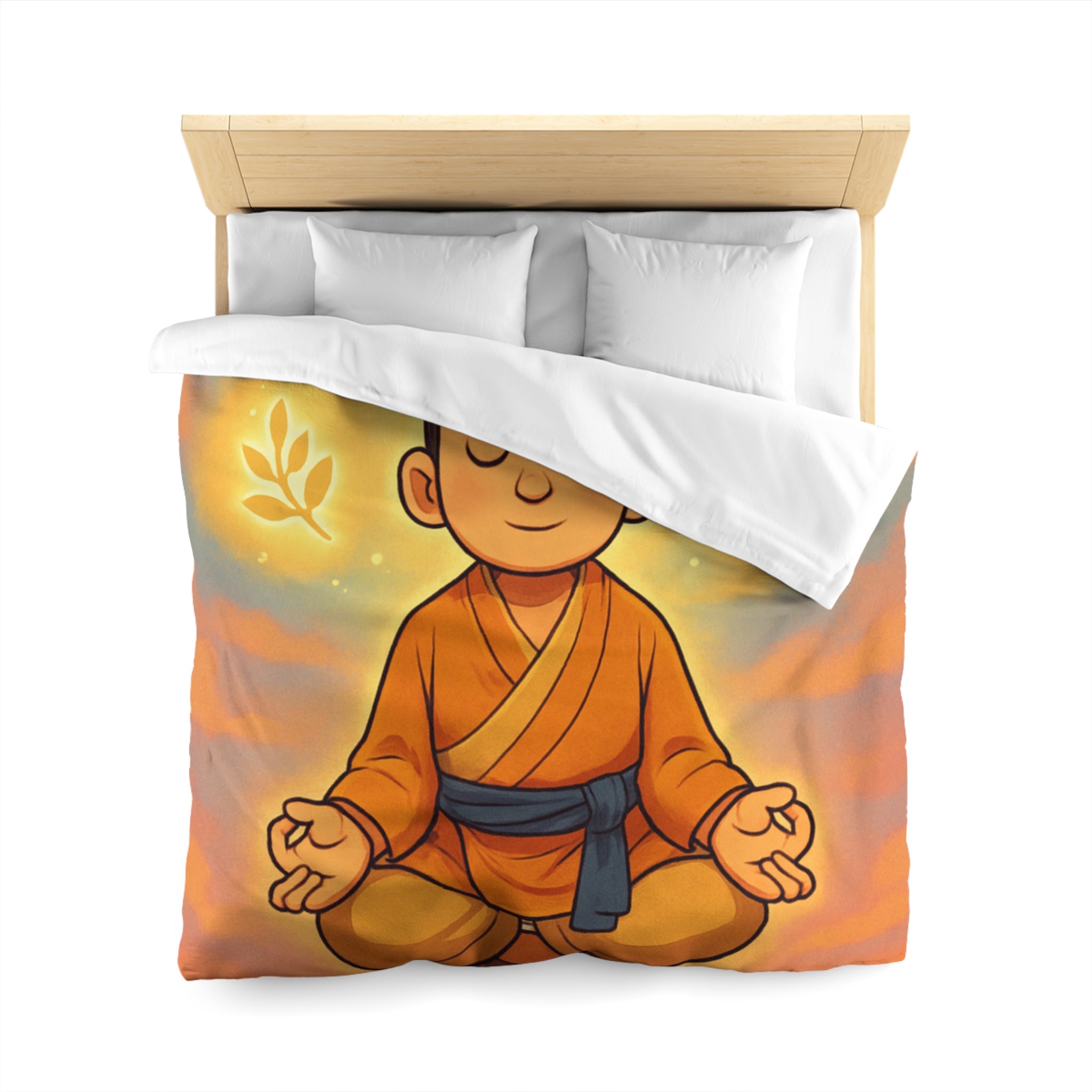 Housse de couette zen avec méditation, symboles spirituels, orange et bleu apaisant