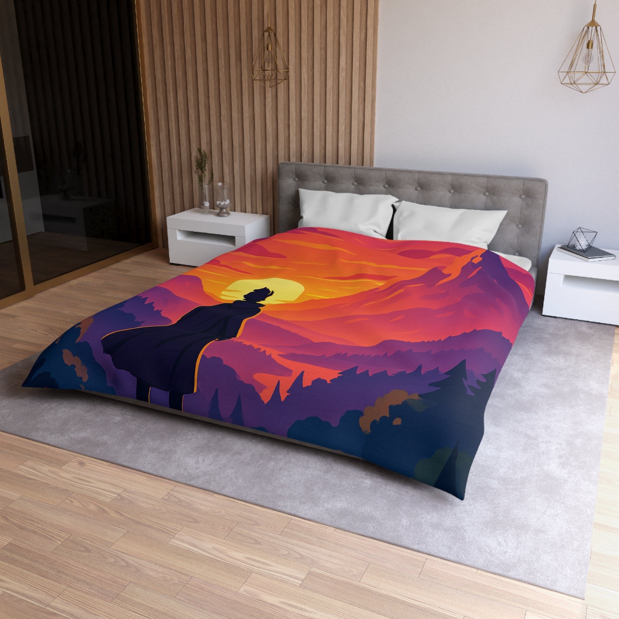 Housse de couette montagnes coucher de soleil silhouette homme paysage artistique vibrant