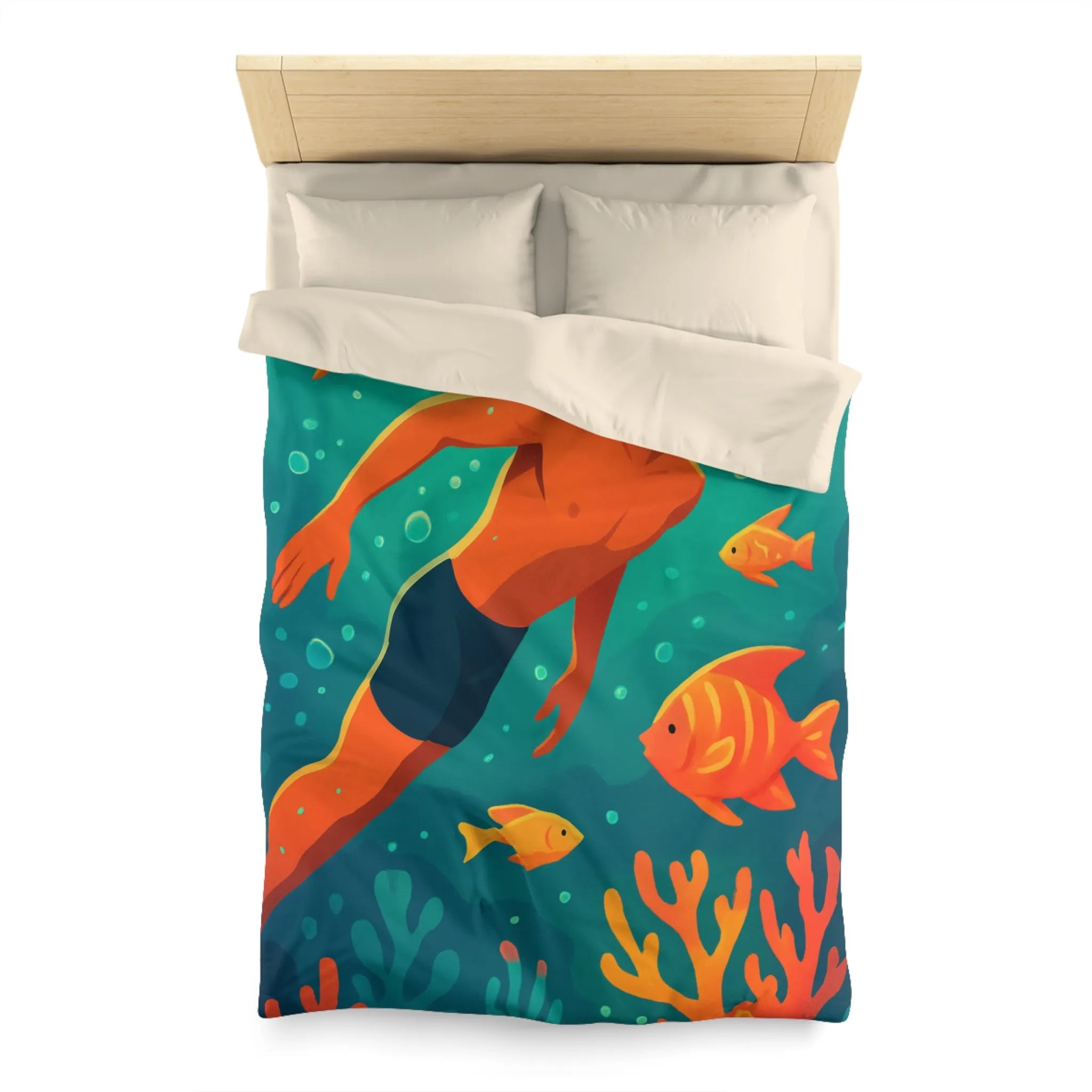 Housse de couette avec motif nageur et poissons tropicaux vifs pour chambre apaisante