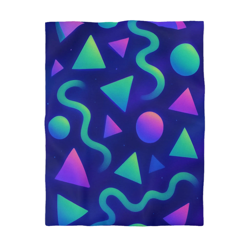 Housse de Couette Géométrique Néon Triangles Cercles Serpentins Design Psychédélique Bleu Violet