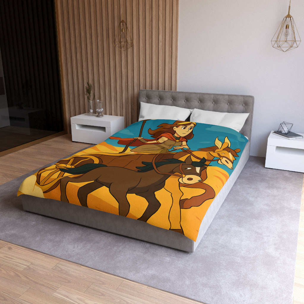 Housse de couette représentant guerrière en char avec chevaux marron dans désert animé