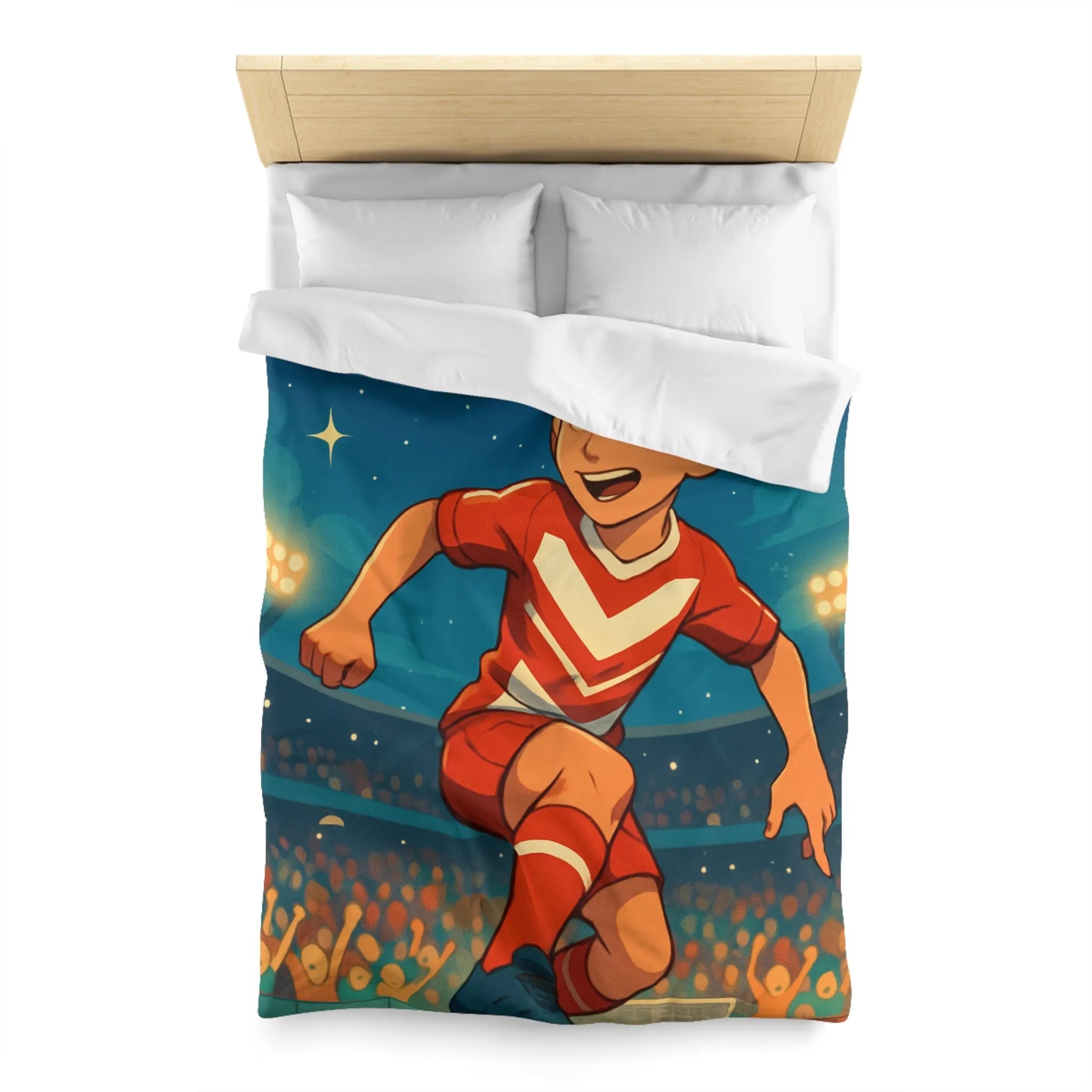Housse de Couette Enfant Thématique Football avec Joueur et Ballon sous Étoiles Éclatantes