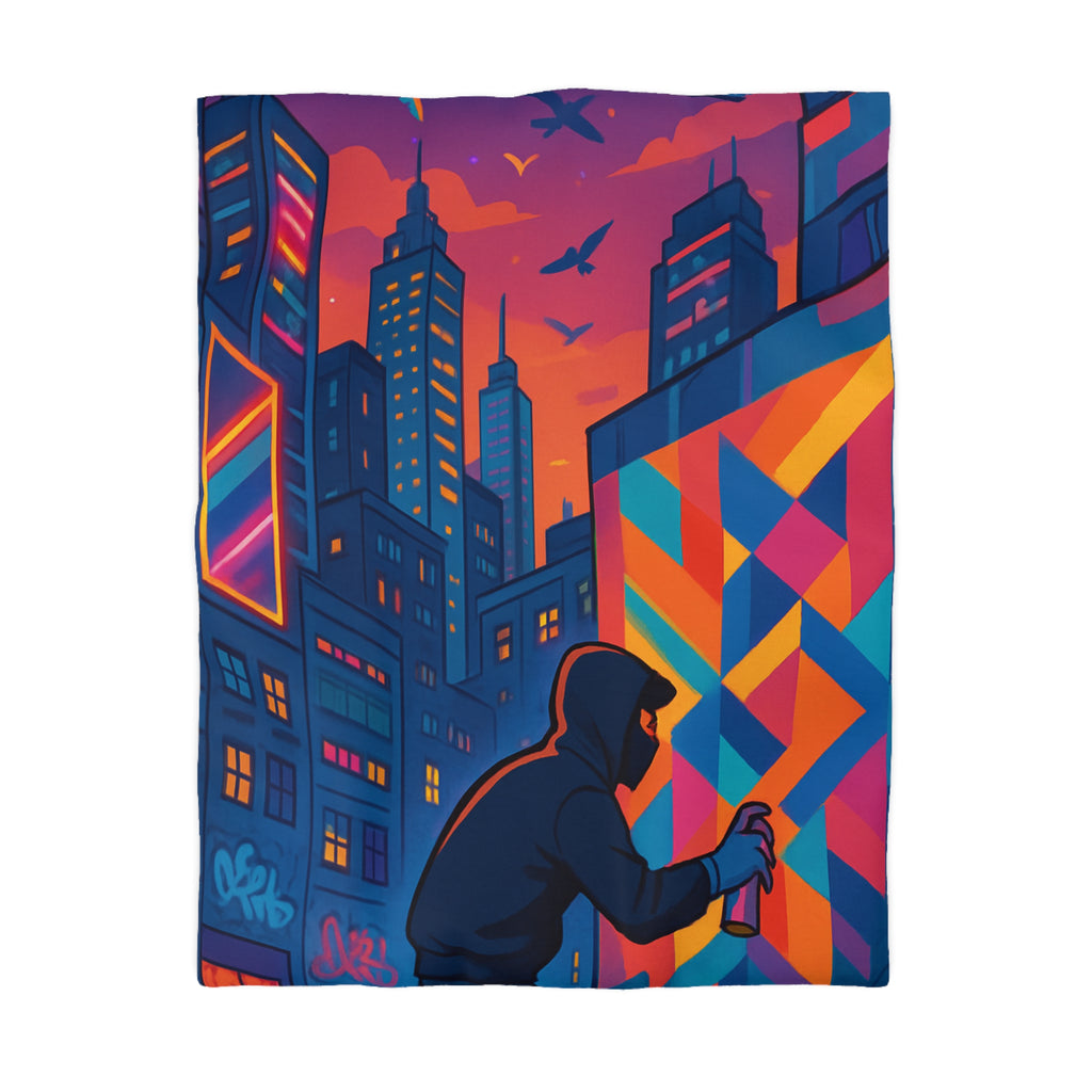 Housse de couette urbaine multicolore graffiti avec gratte-ciel et ciel crépusculaire