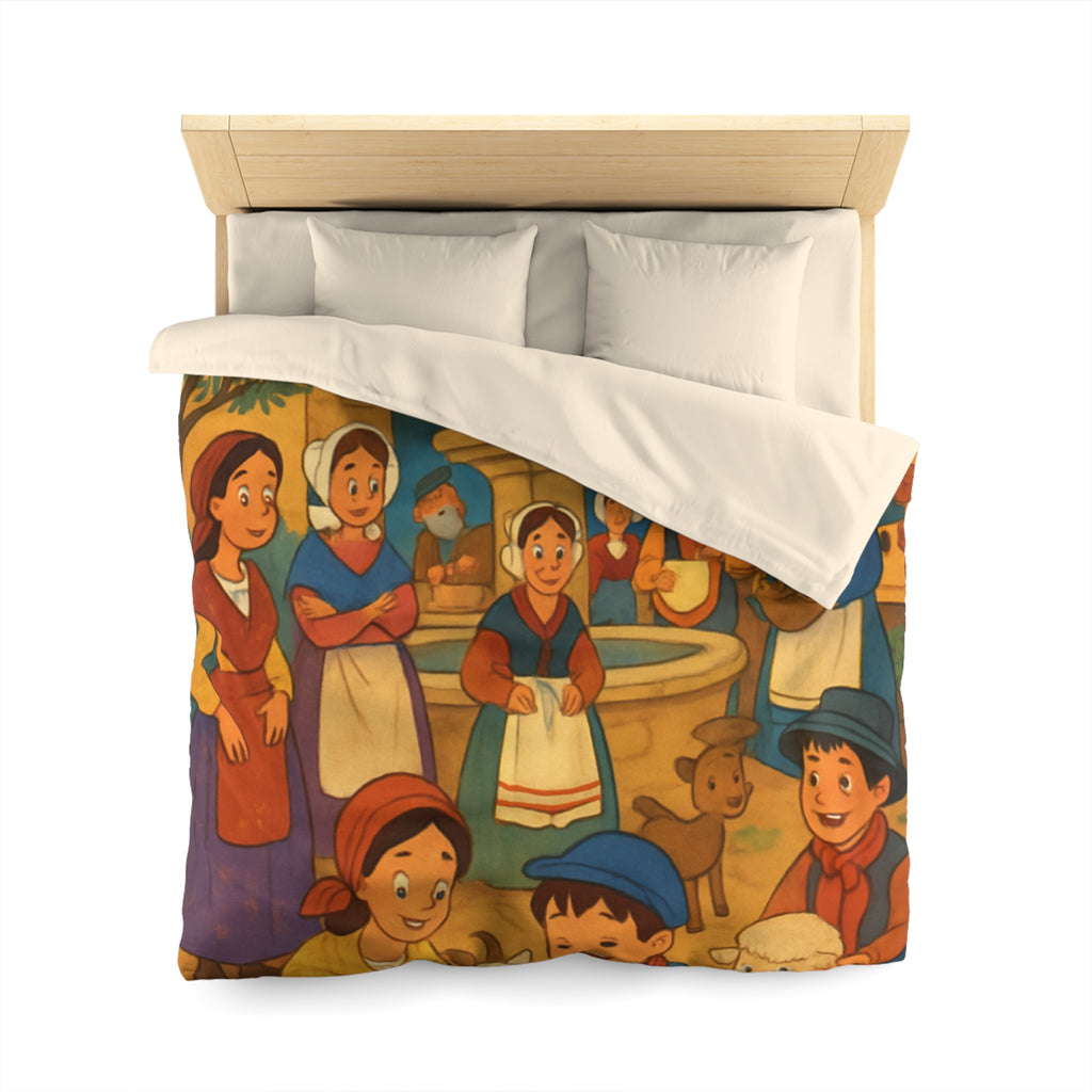 Housse de couette pour enfants avec scène villageoise festive et animaux mignons joyeux