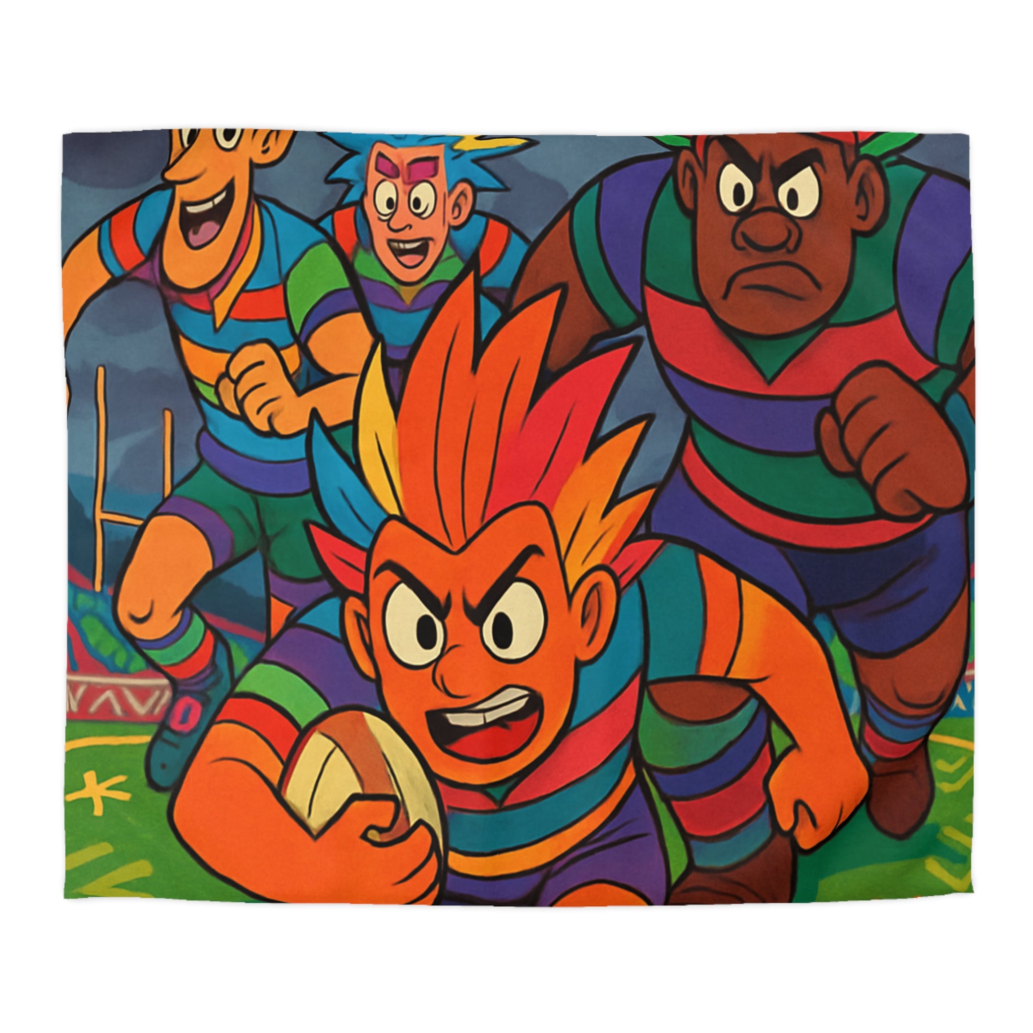 Parure de lit colorée avec joueurs de rugby en style bande dessinée pour enfant