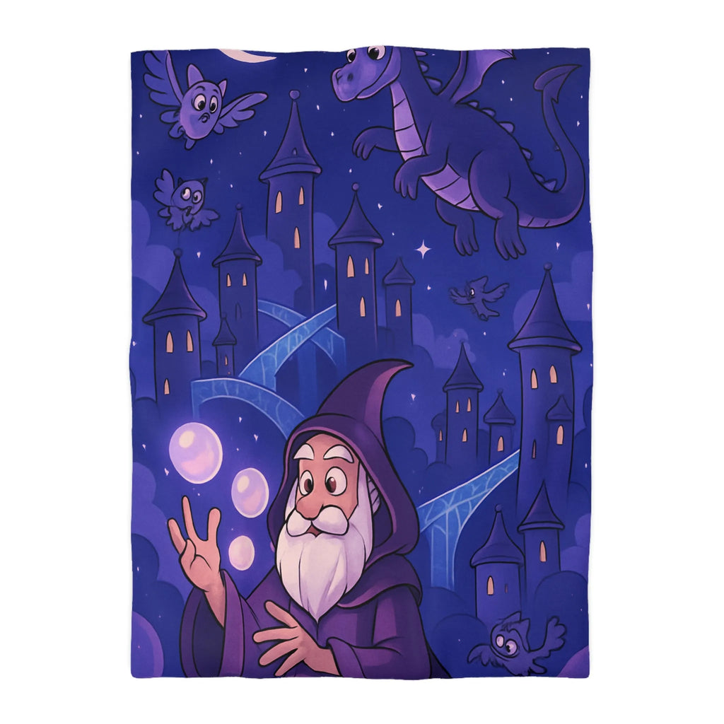 Housse de couette magique avec dragon violet, hiboux et sorcier devant château