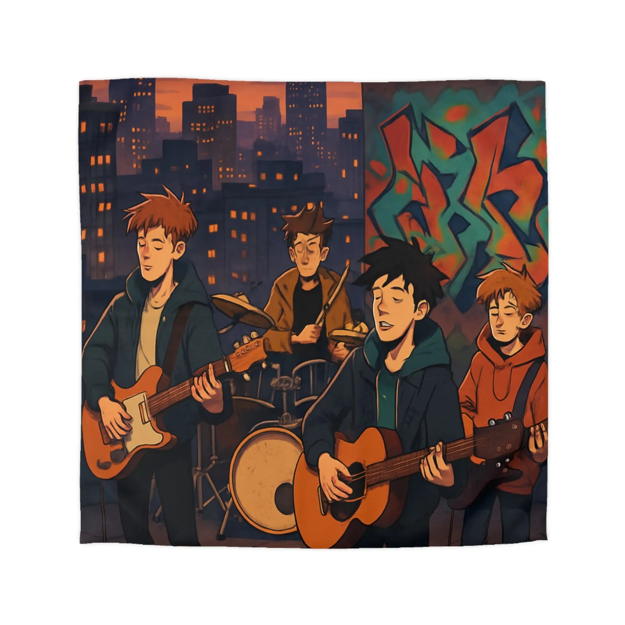 Housse de couette avec illustration de groupe jouant sur toit urbain au crépuscule