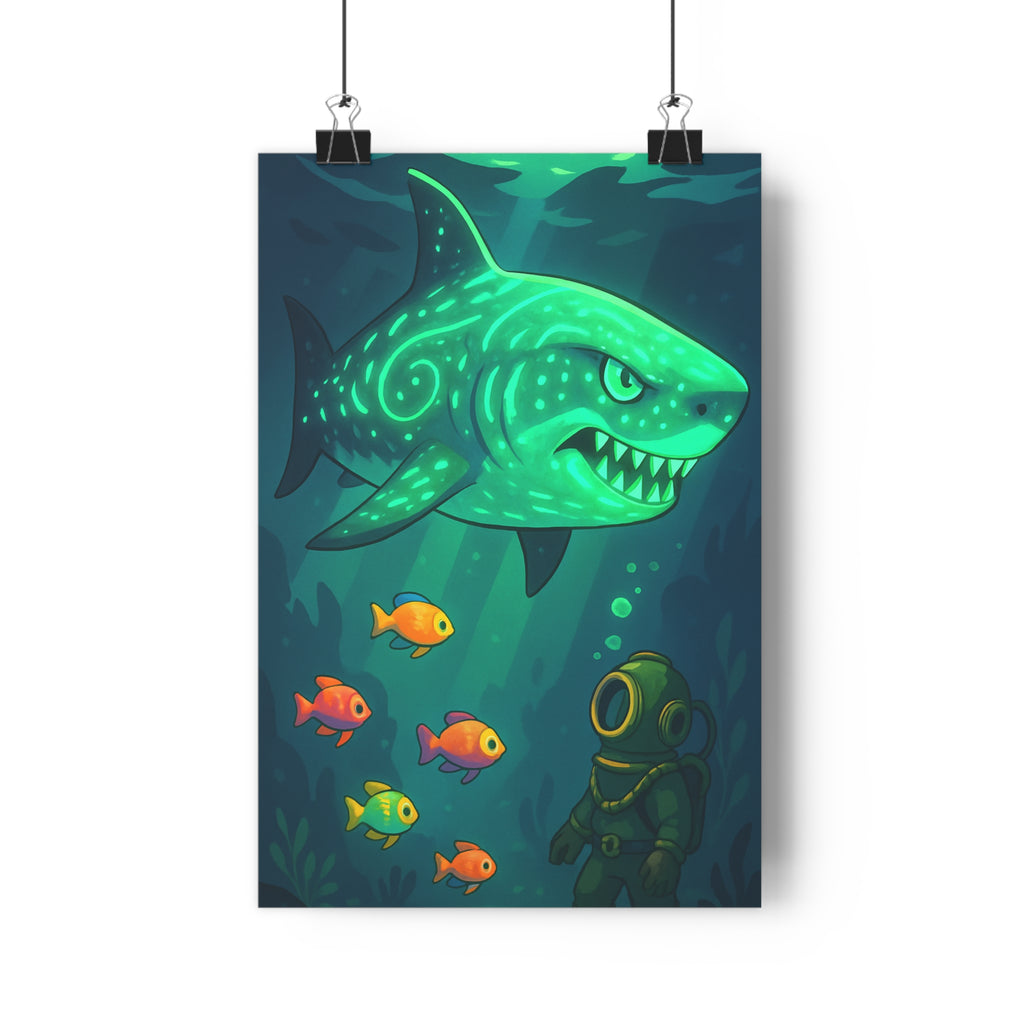 Poster décoratif cartoon bleu orange aventure marin chambre enfant requin lumineux art ambiance unique