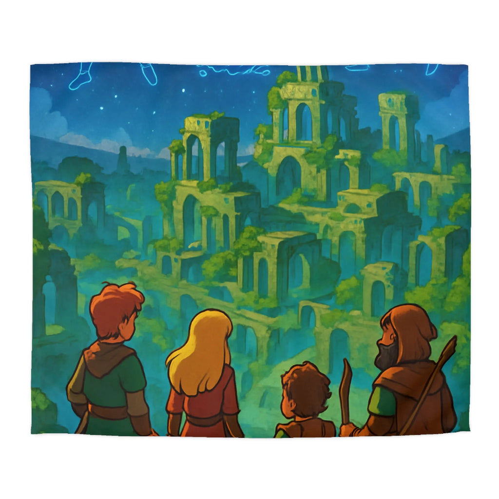 Housse de couette épique aventure héros, ruines magiques sous ciel étoilé lumineux