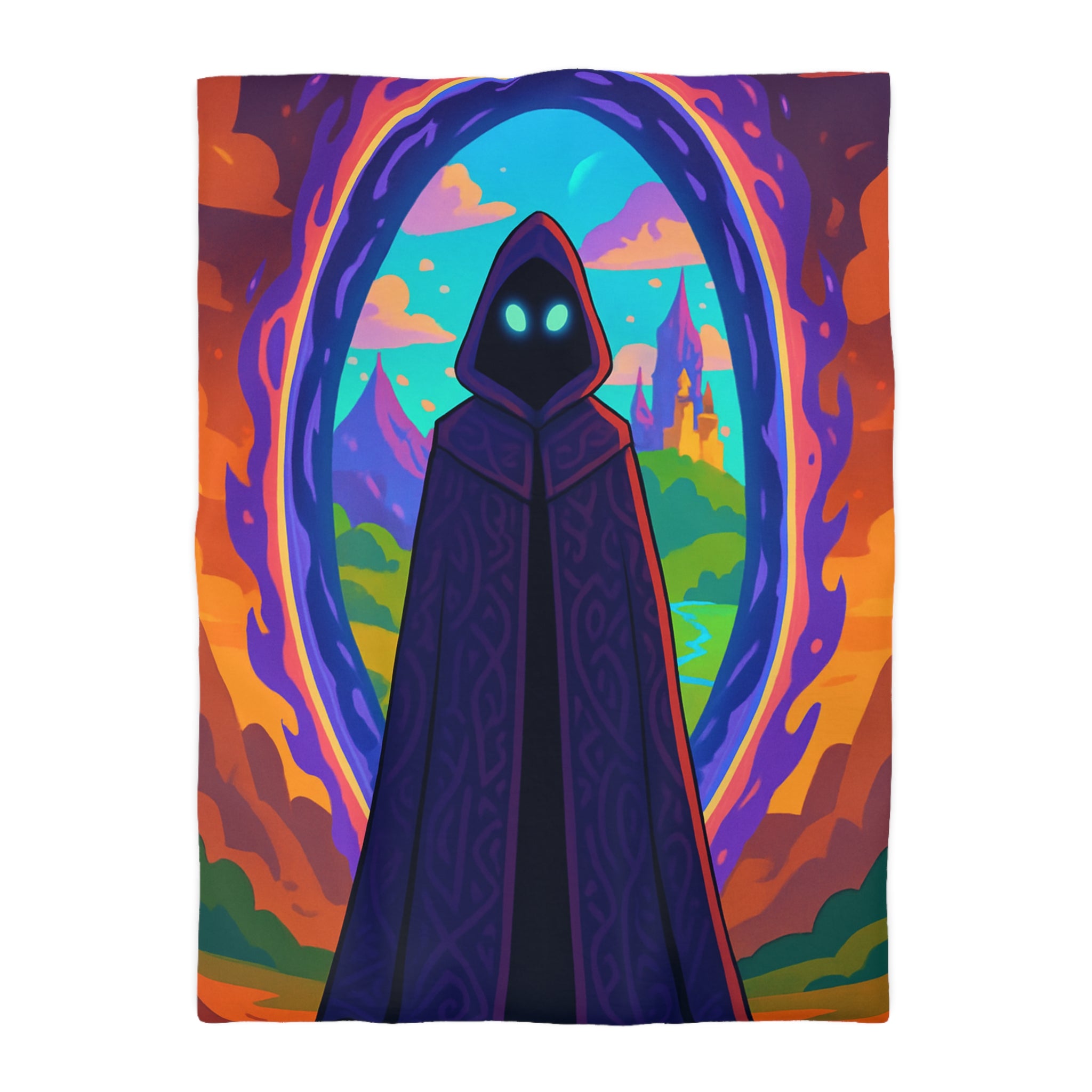 Mystérieux paysage enchanté avec mage en robe près du portail vibrant coloré